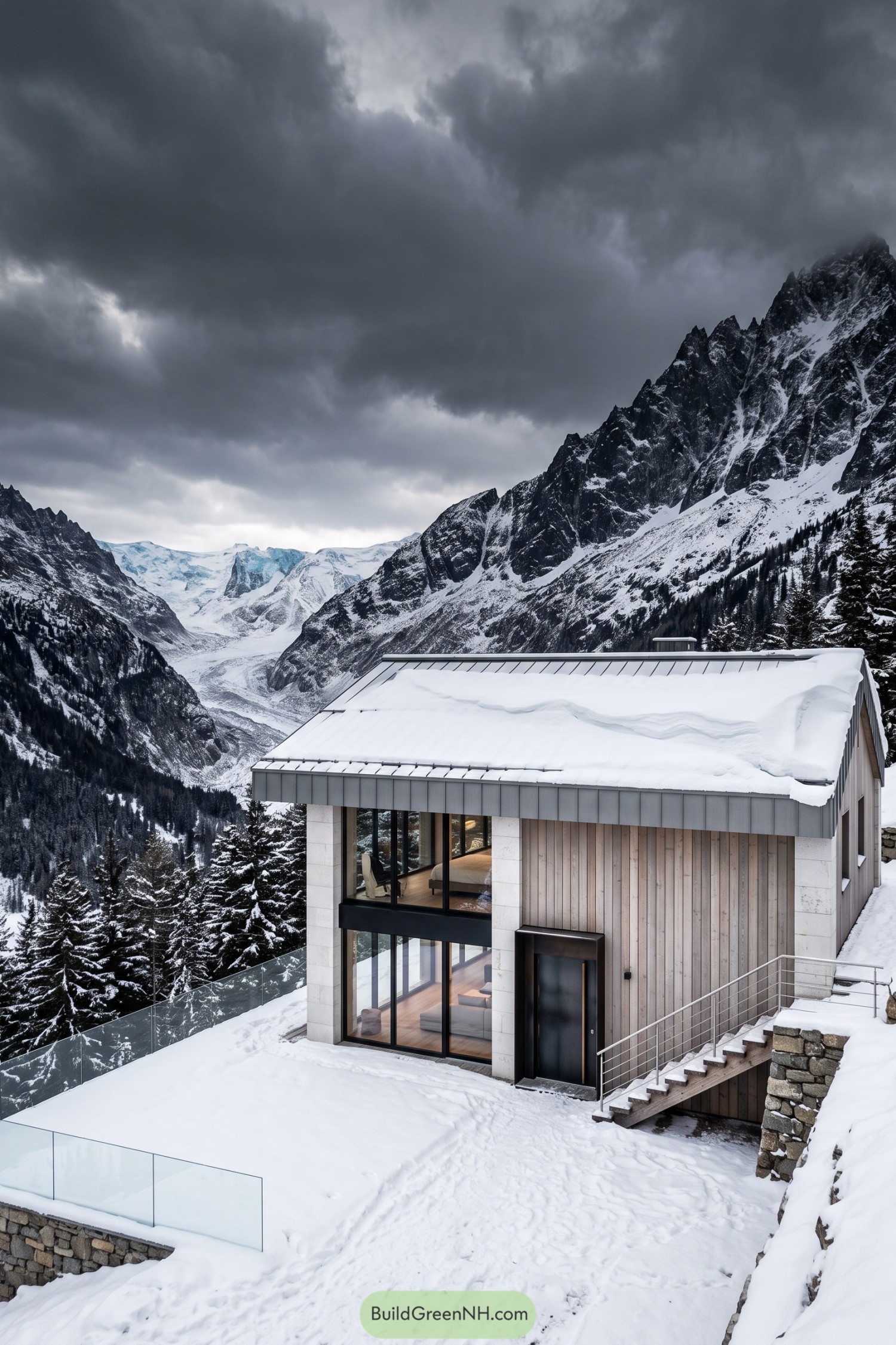 Contemporary chalet overlooking snowy alpine peaks