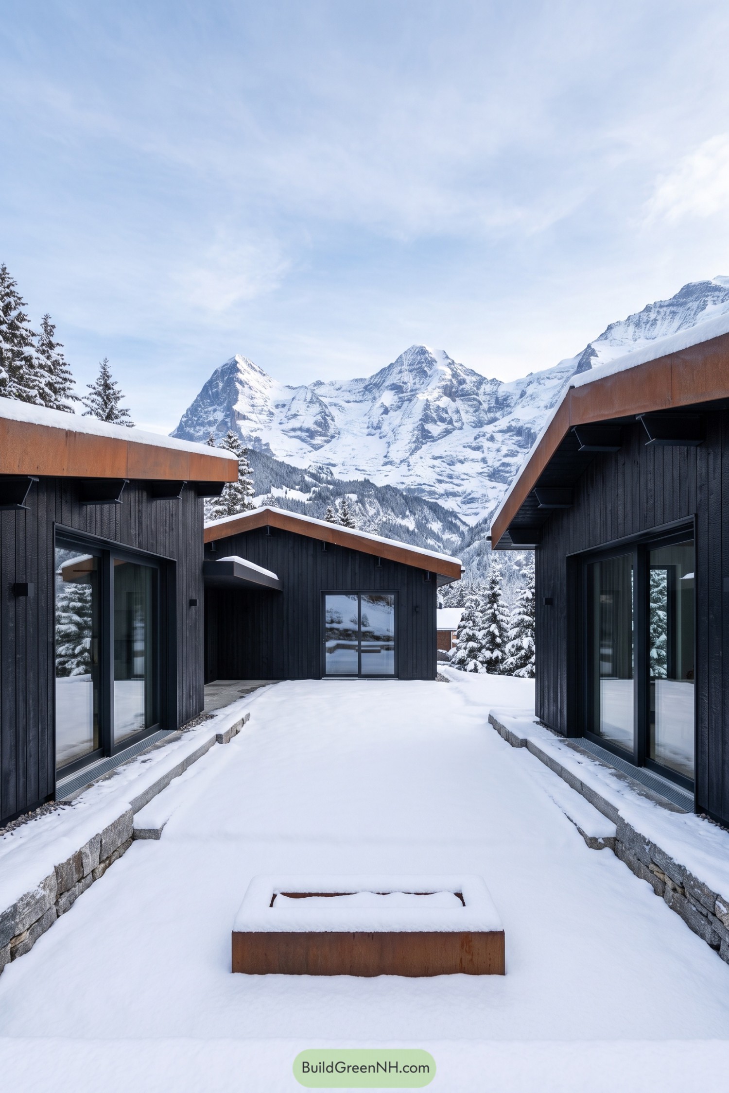 Snowy courtyard framed by dark timber chalets and alpine peaks
