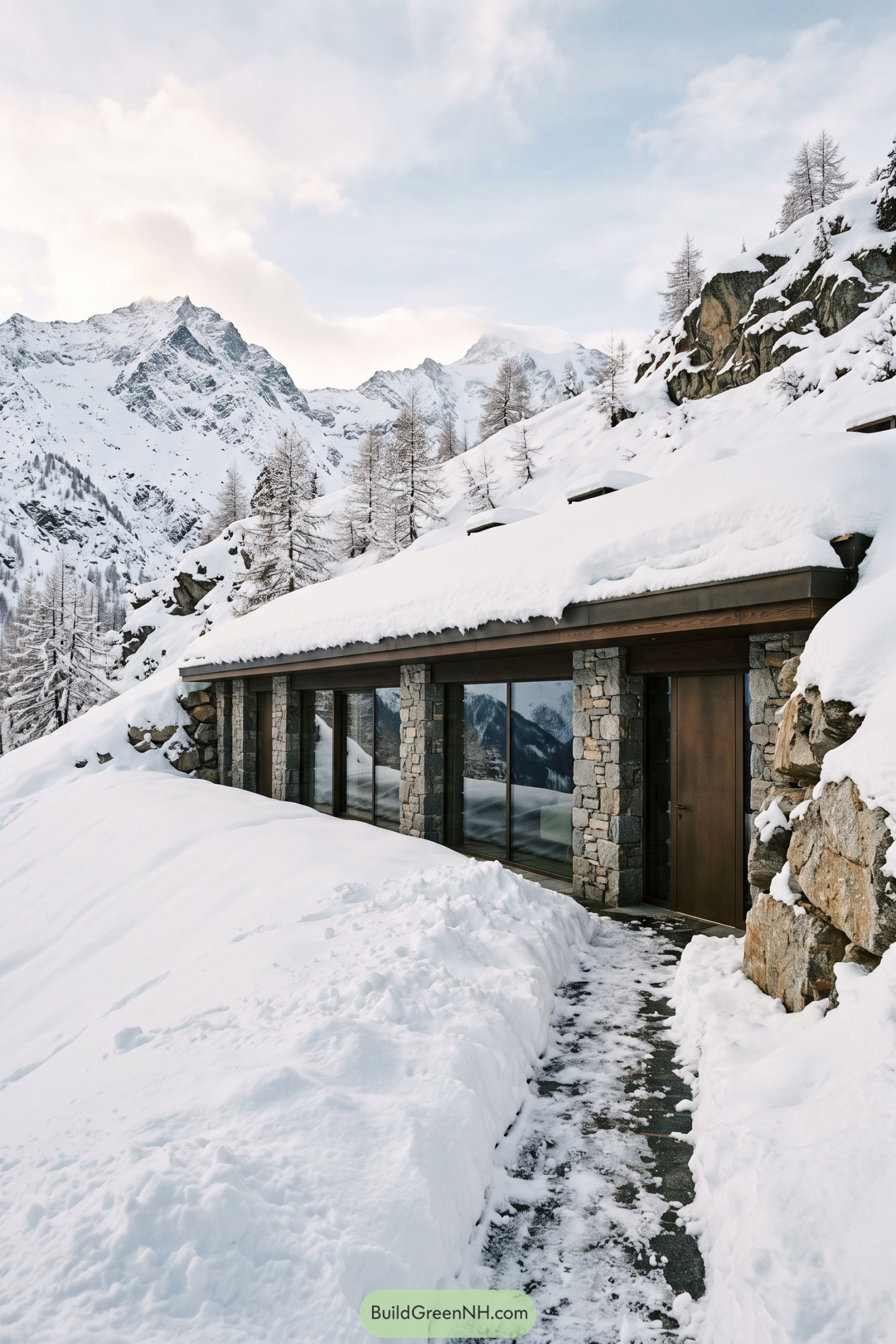 Snow-covered stone villa tucked into an alpine hillside