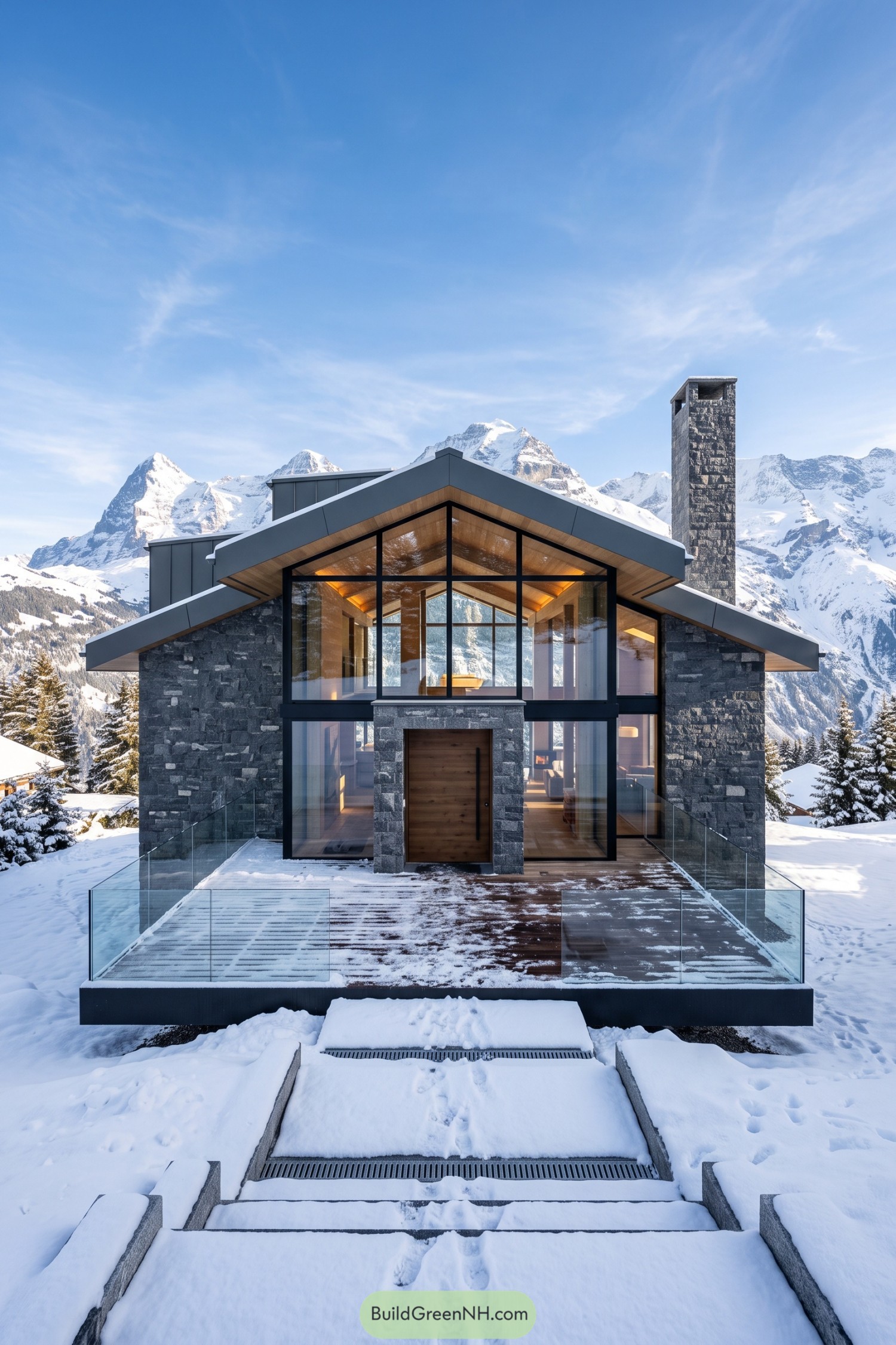 Modern stone chalet with glazed gable and tall chimney