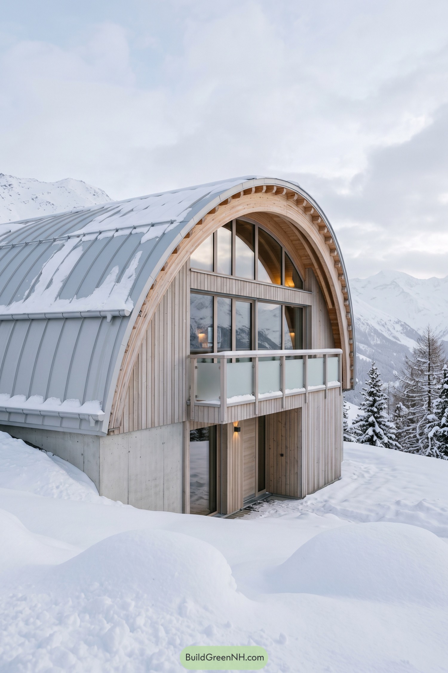 Curved timber ski cabin with a snowy metal roof
