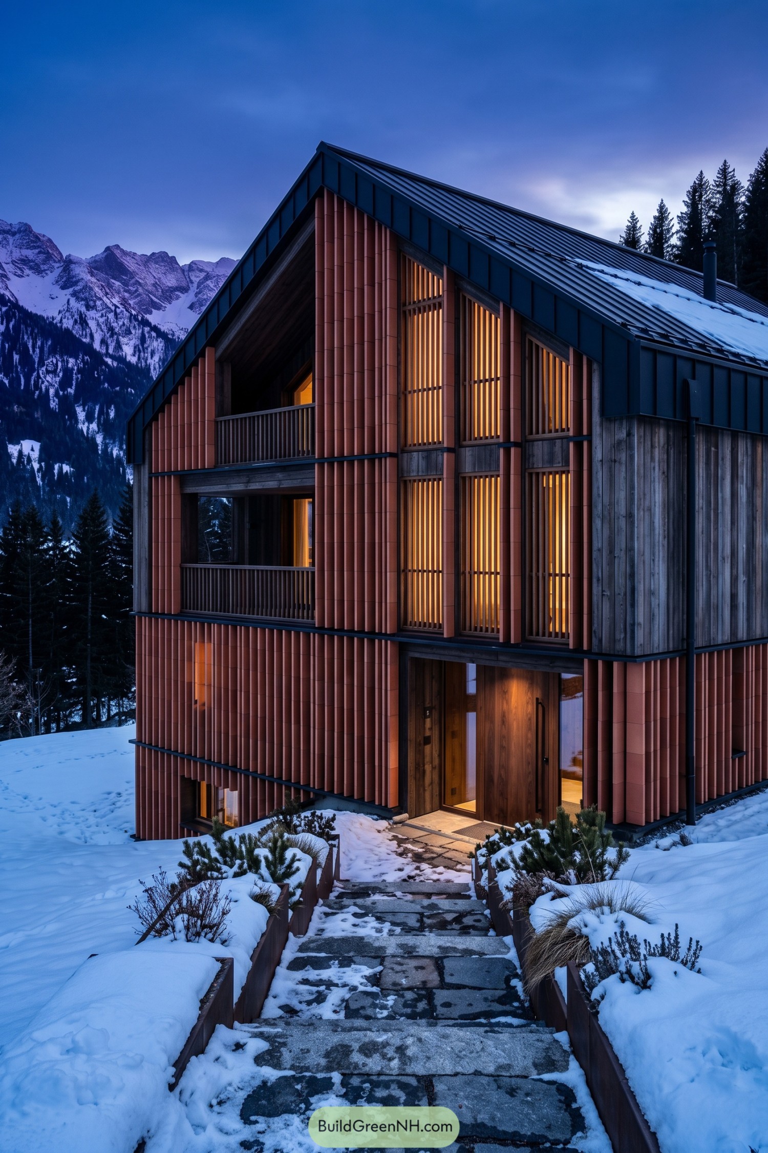 Snowy chalet with terracotta fins and a dark gable roof