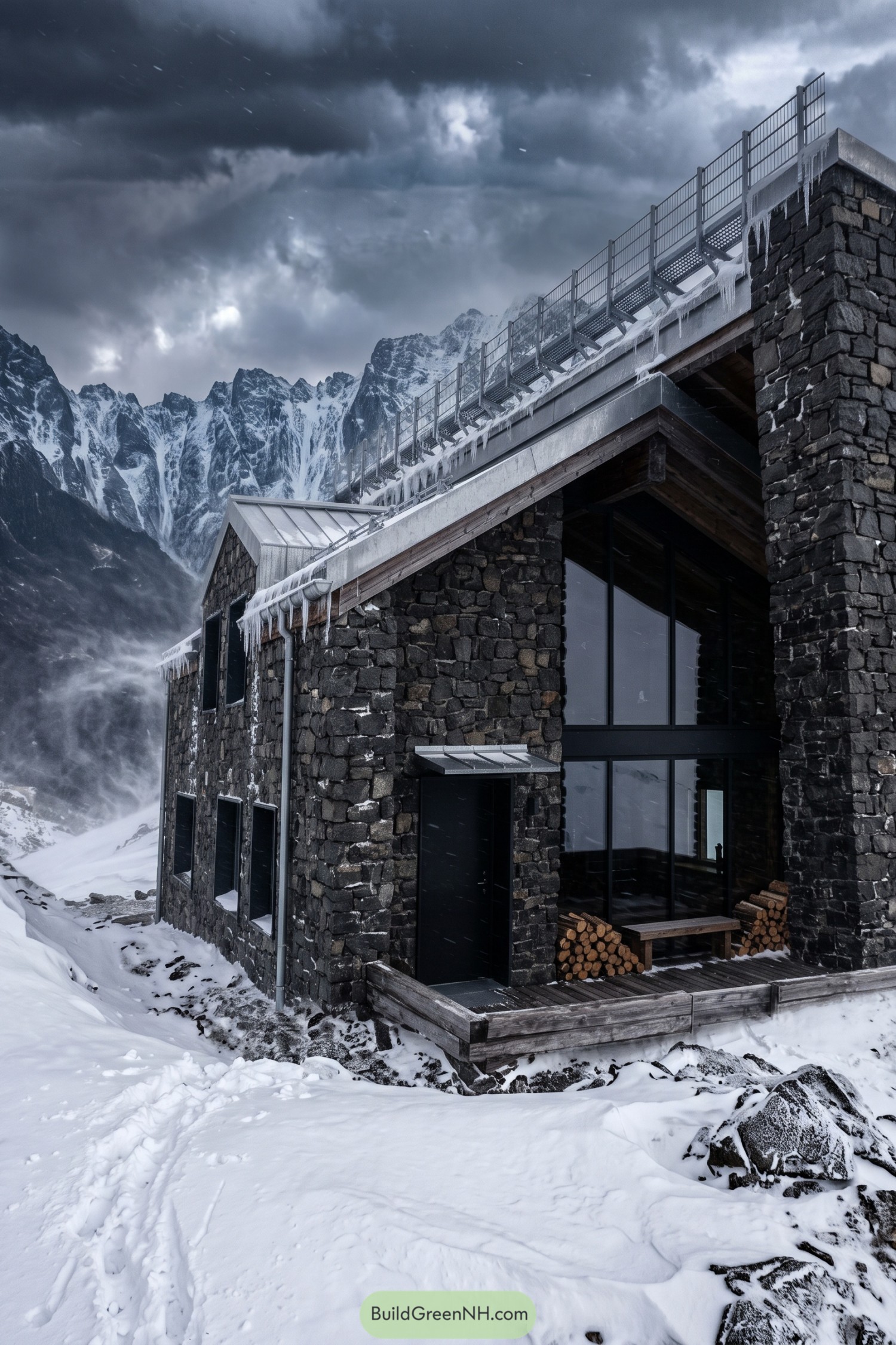 Dark stone ski chalet beneath snowy peaks