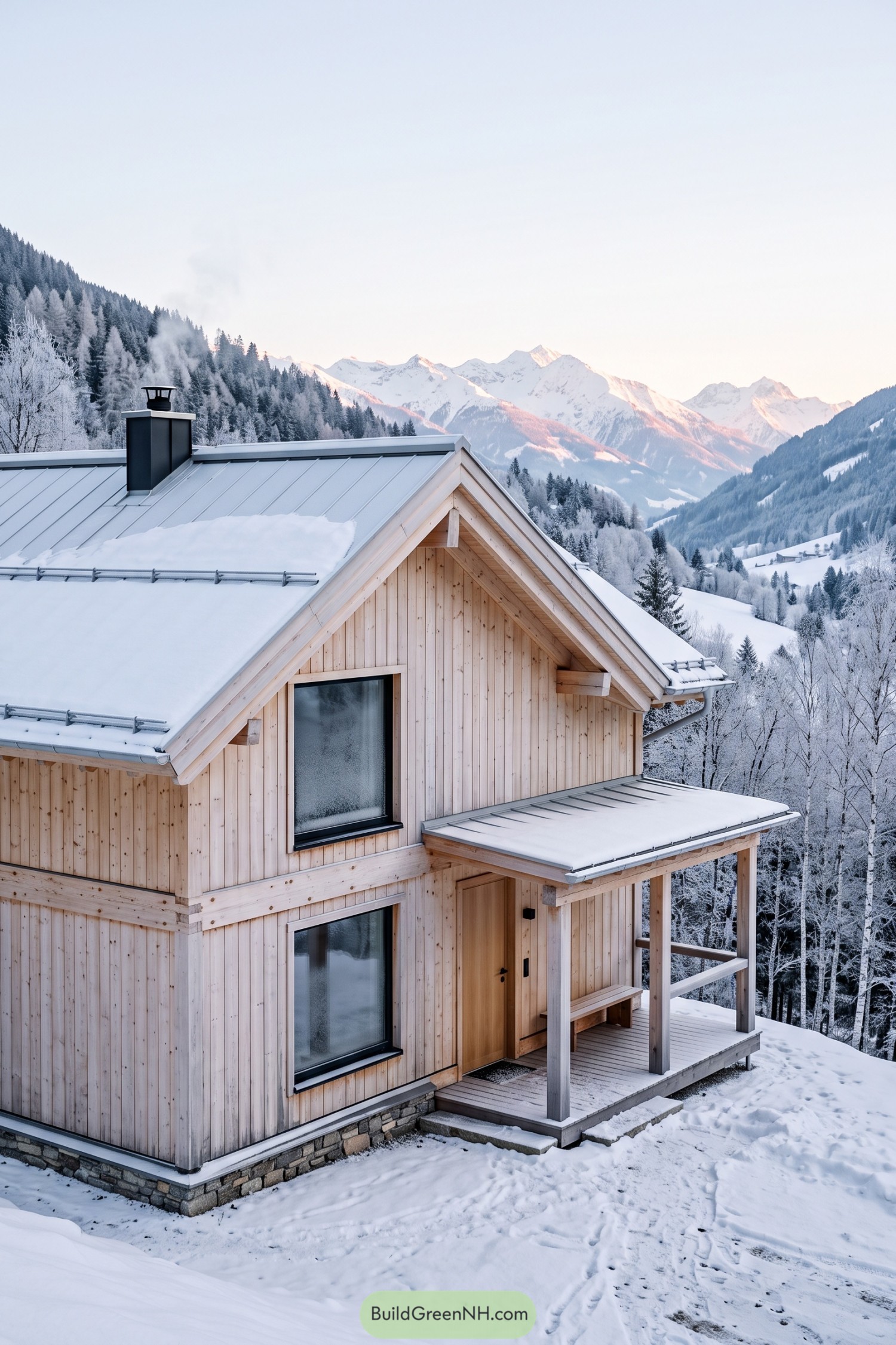 Snow-covered pine chalet overlooking alpine peaks
