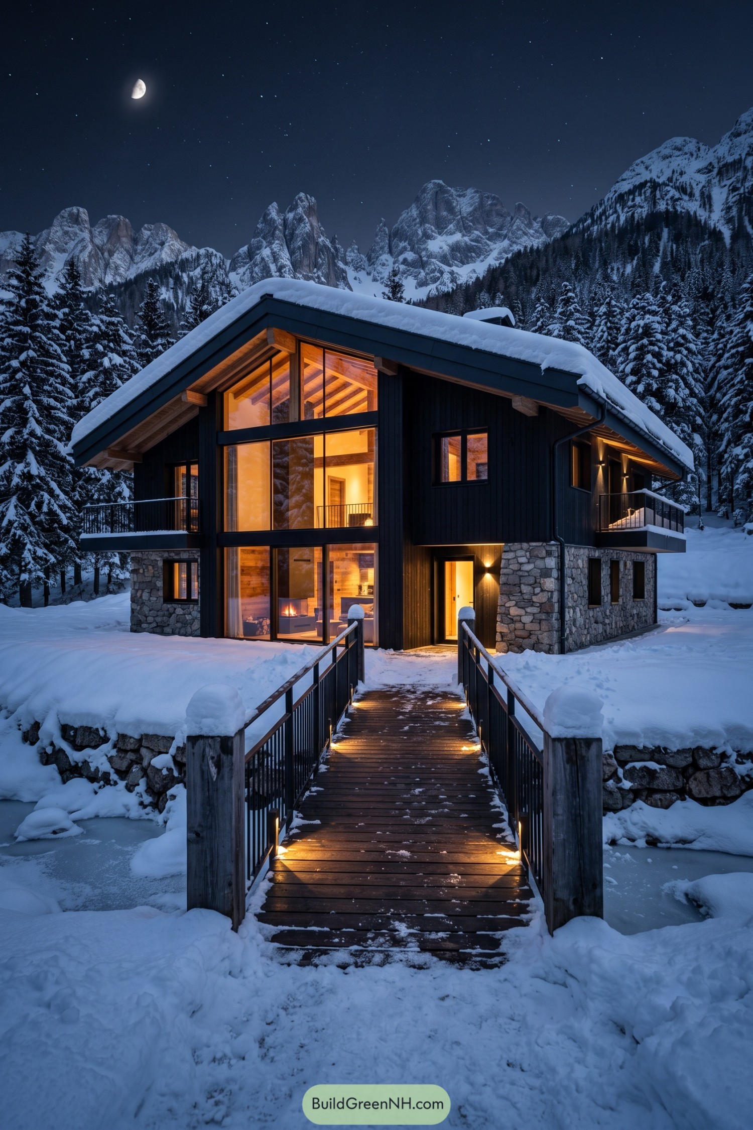 Snowy dark-clad chalet with glowing glass gable and bridge