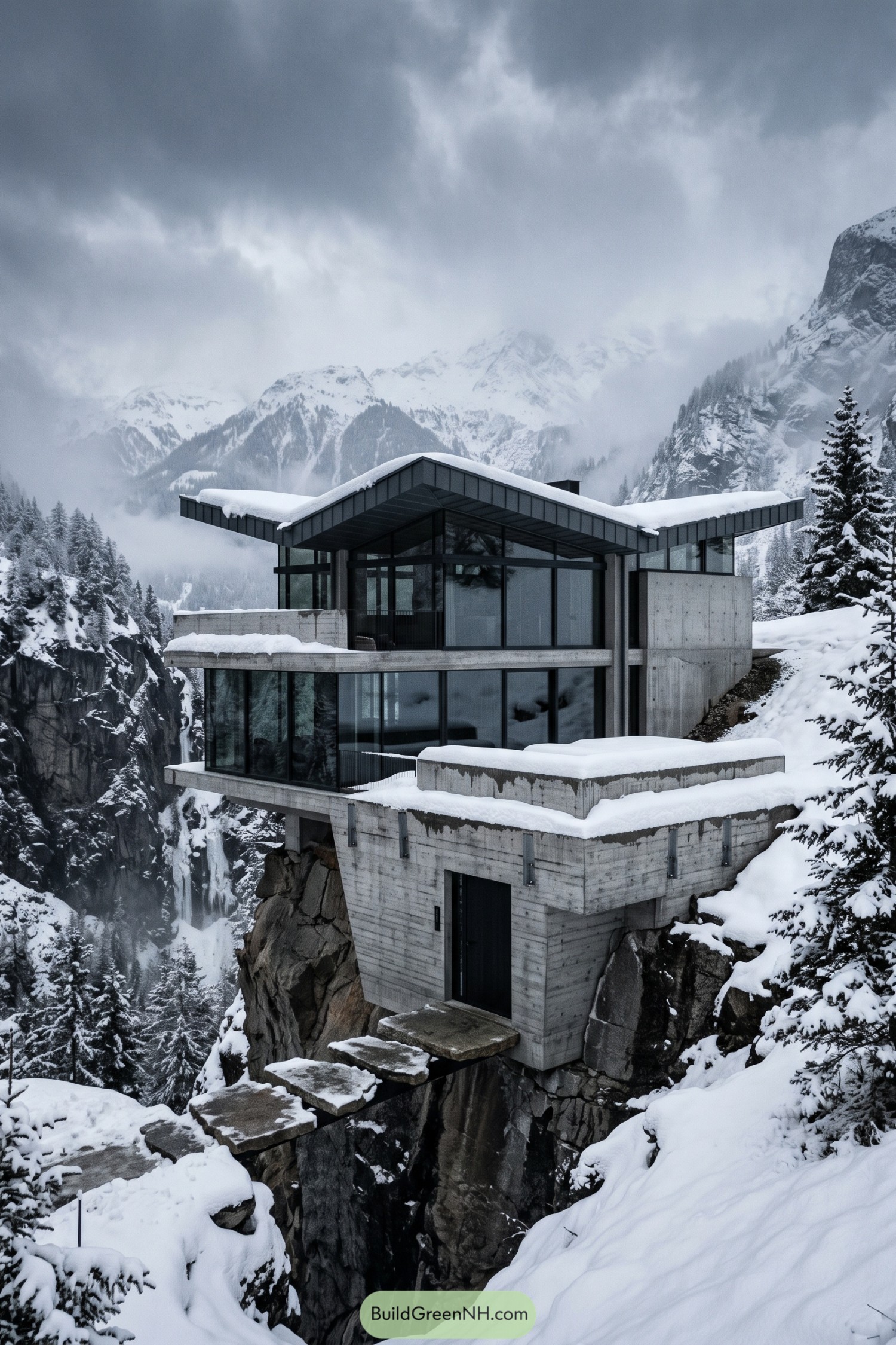Modern concrete and glass chalet perched above a snowy gorge
