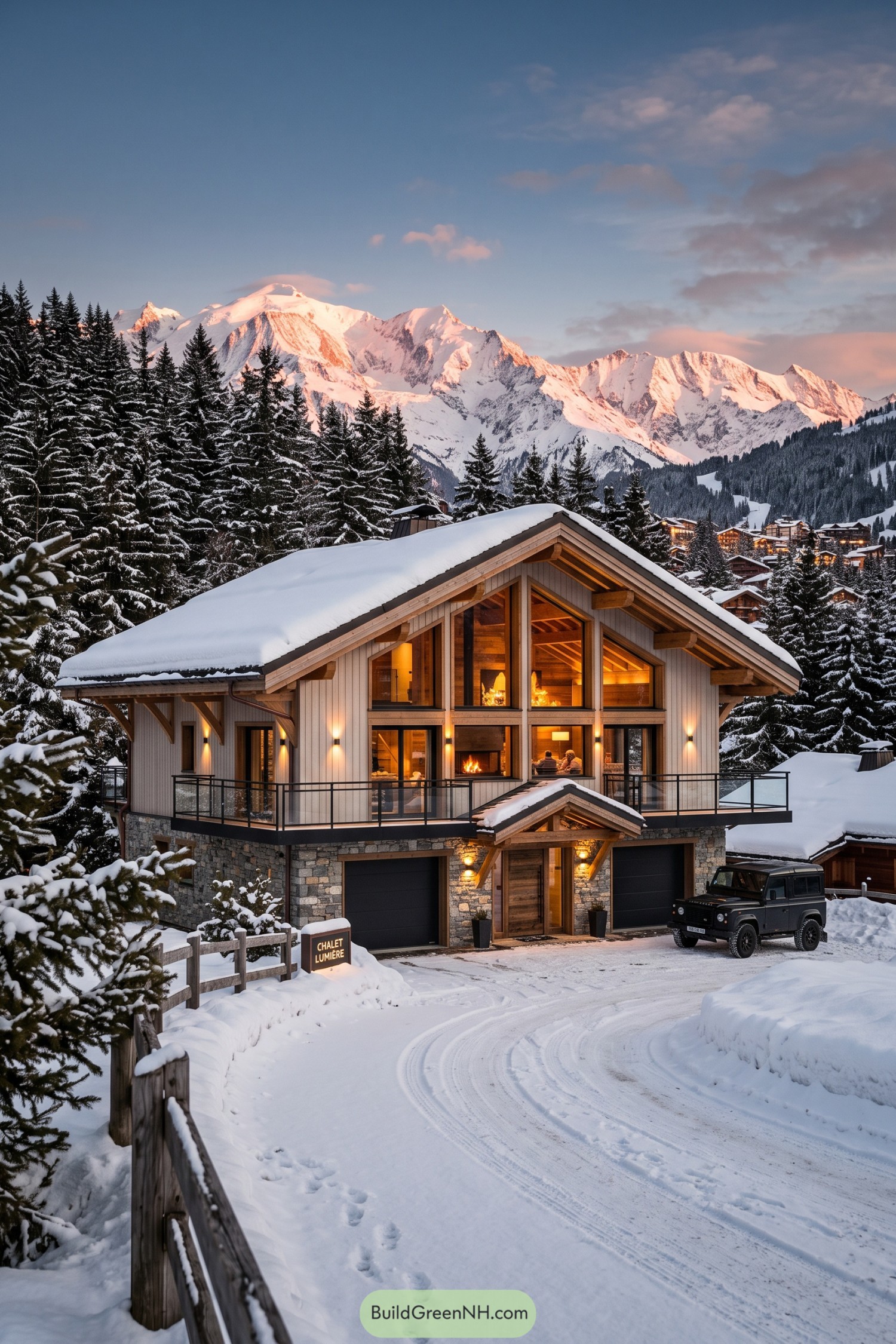 Snowy timber chalet with stone base and mountain backdrop