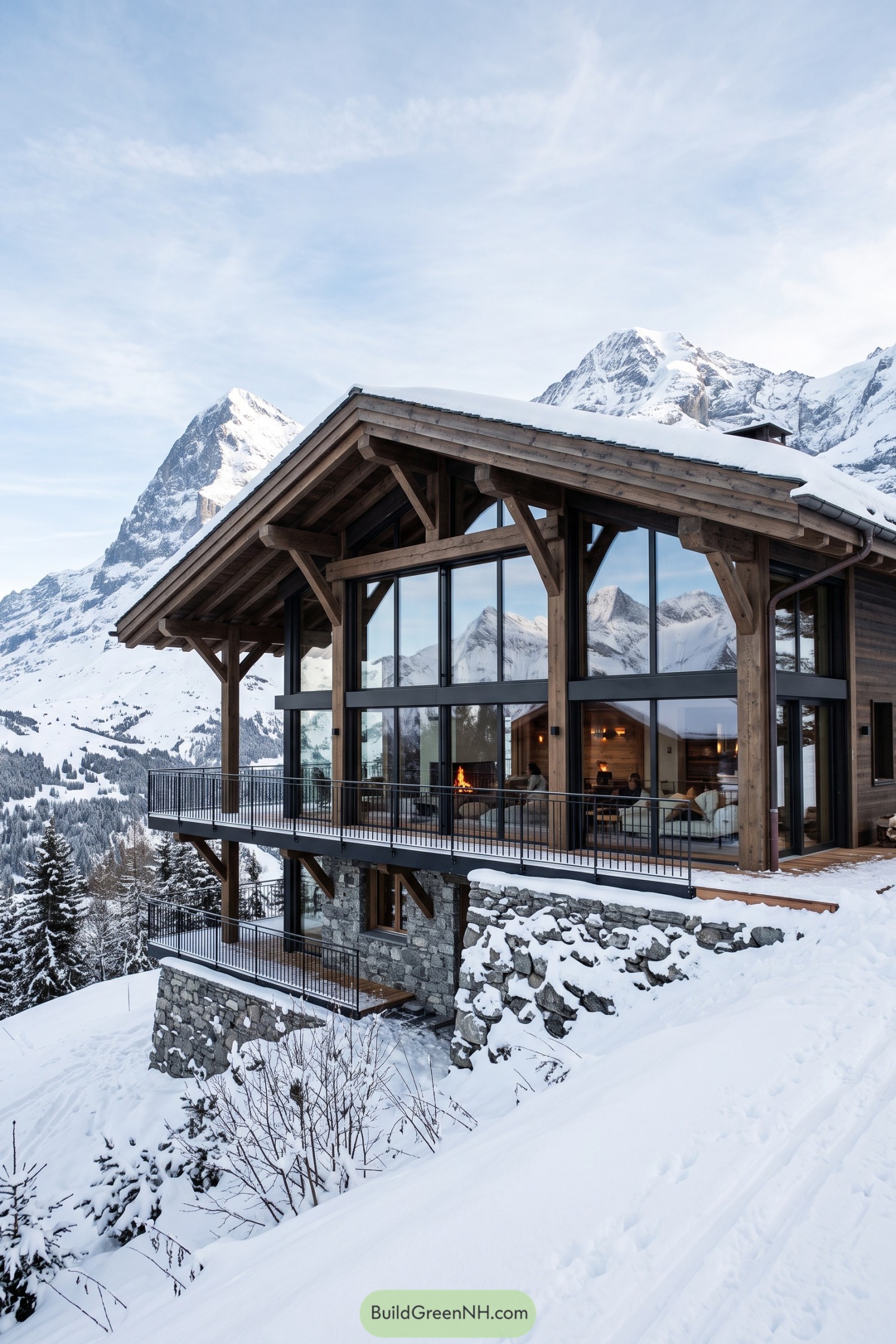 Timber and stone ski chalet with glazed gable and snow-covered balconies