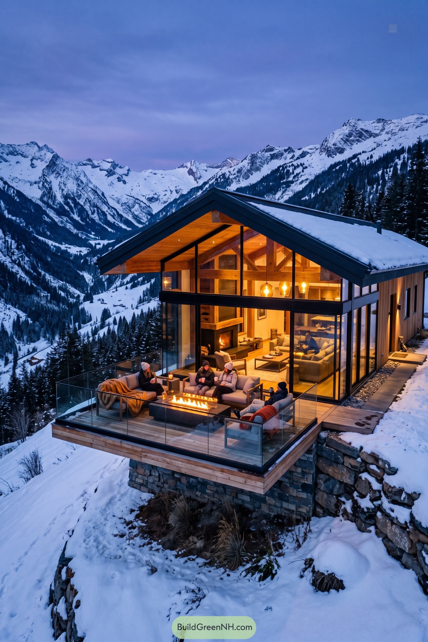Glass-walled chalet with snowy mountain terrace