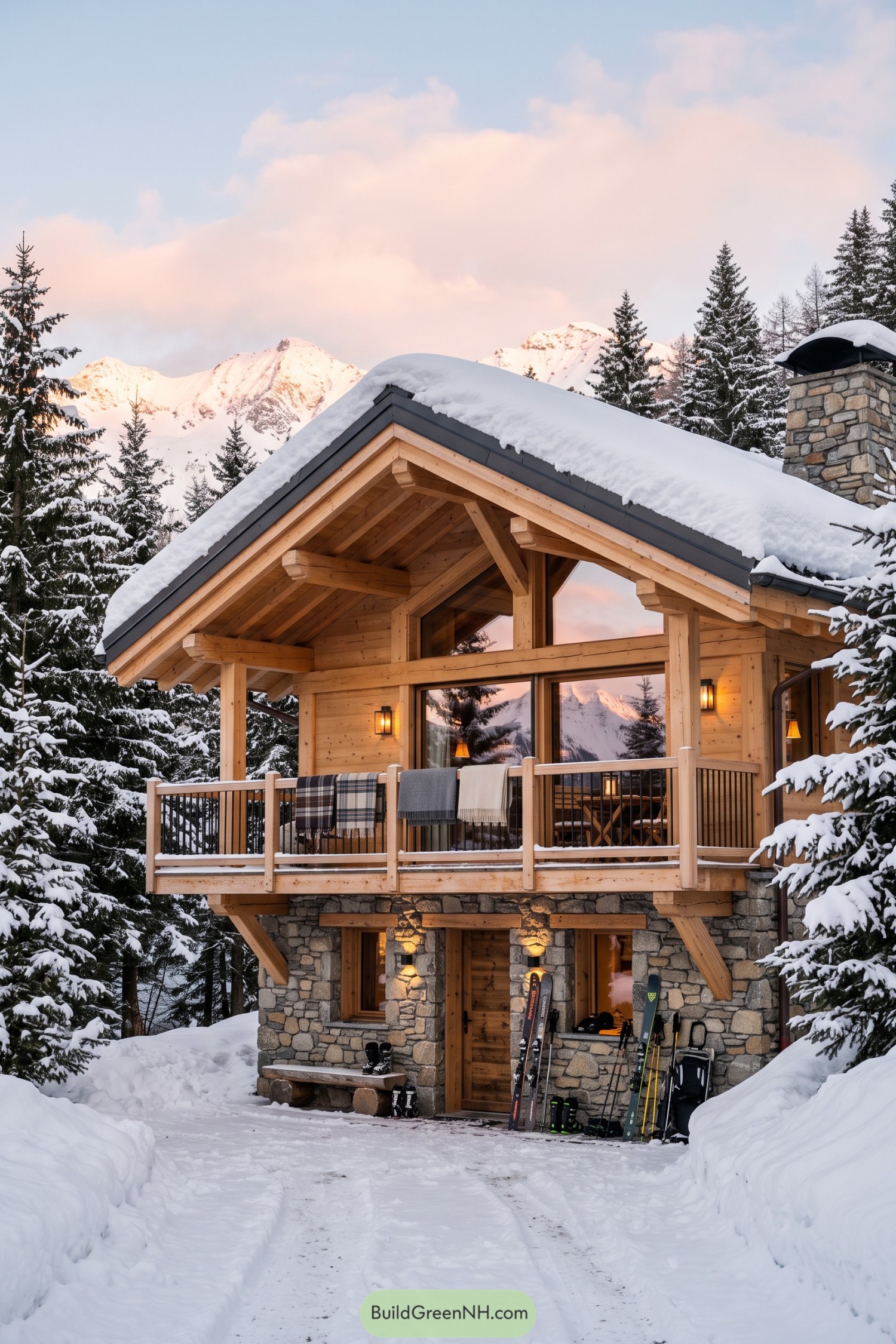 Timber and stone ski lodge beneath snowy peaks