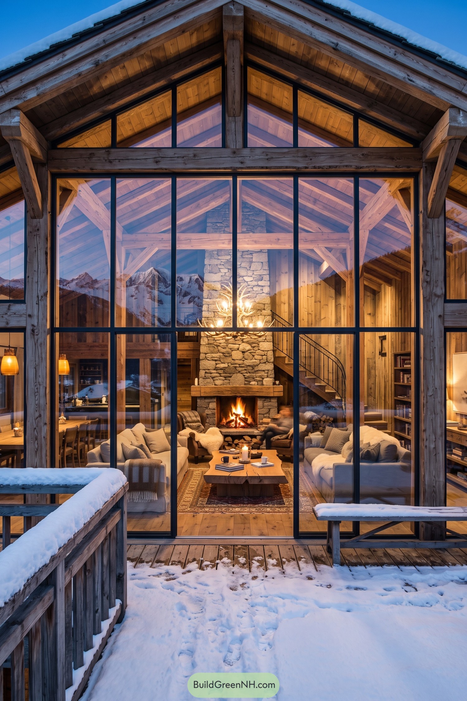 Snowy timber chalet with tall glazing and stone fireplace