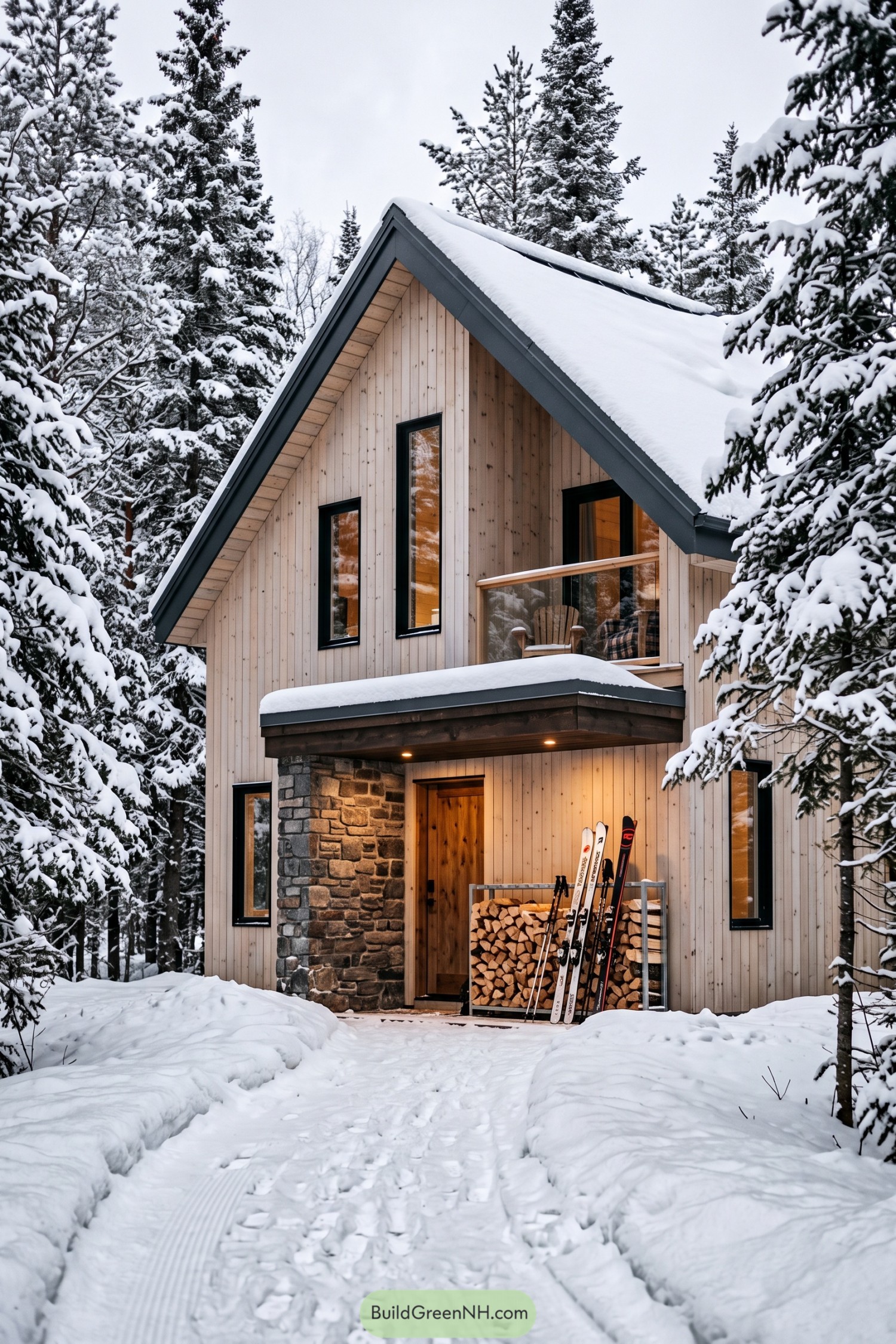 Wood clad ski cabin with steep snowy roof