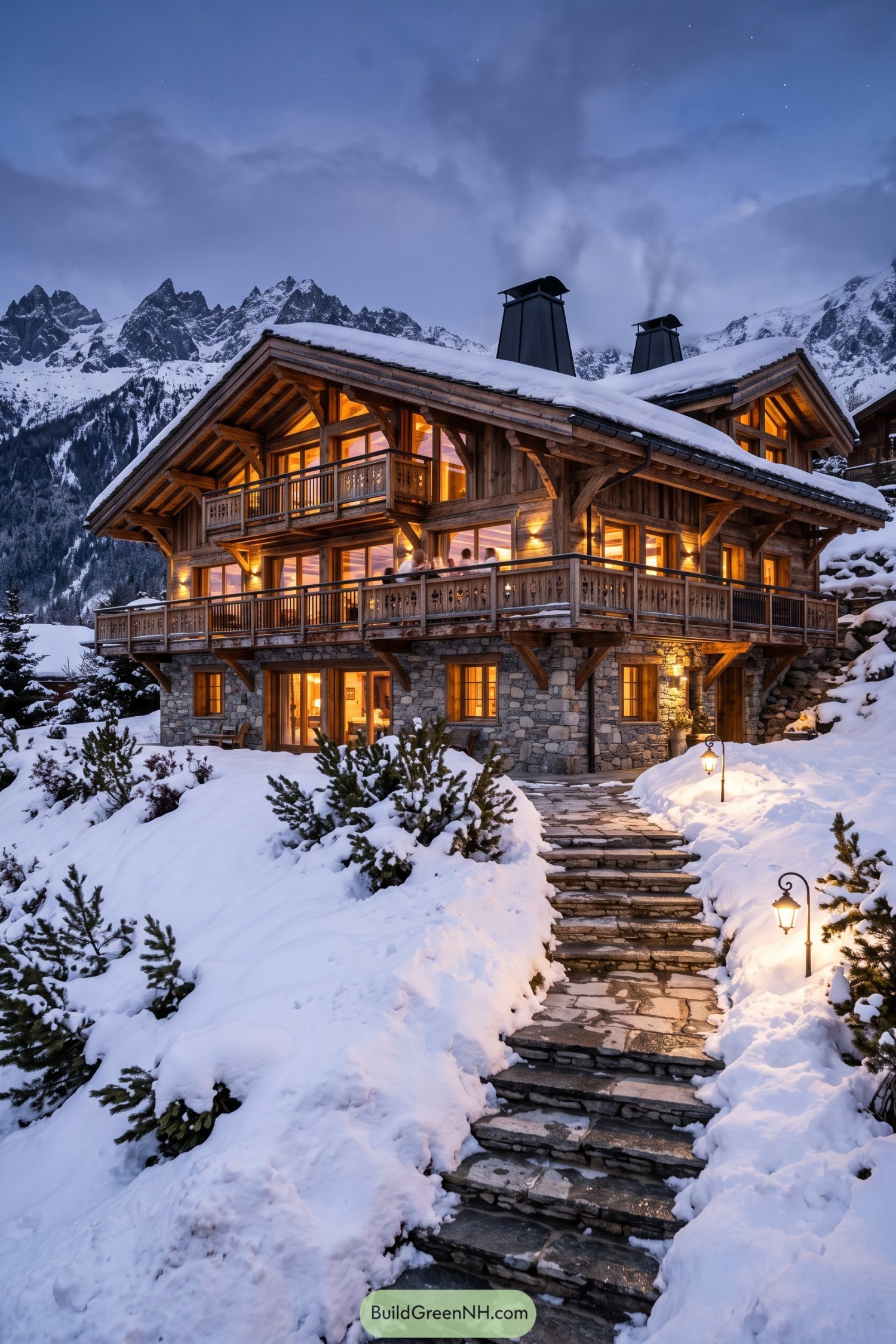 Snow-covered timber and stone chalet with wide balconies