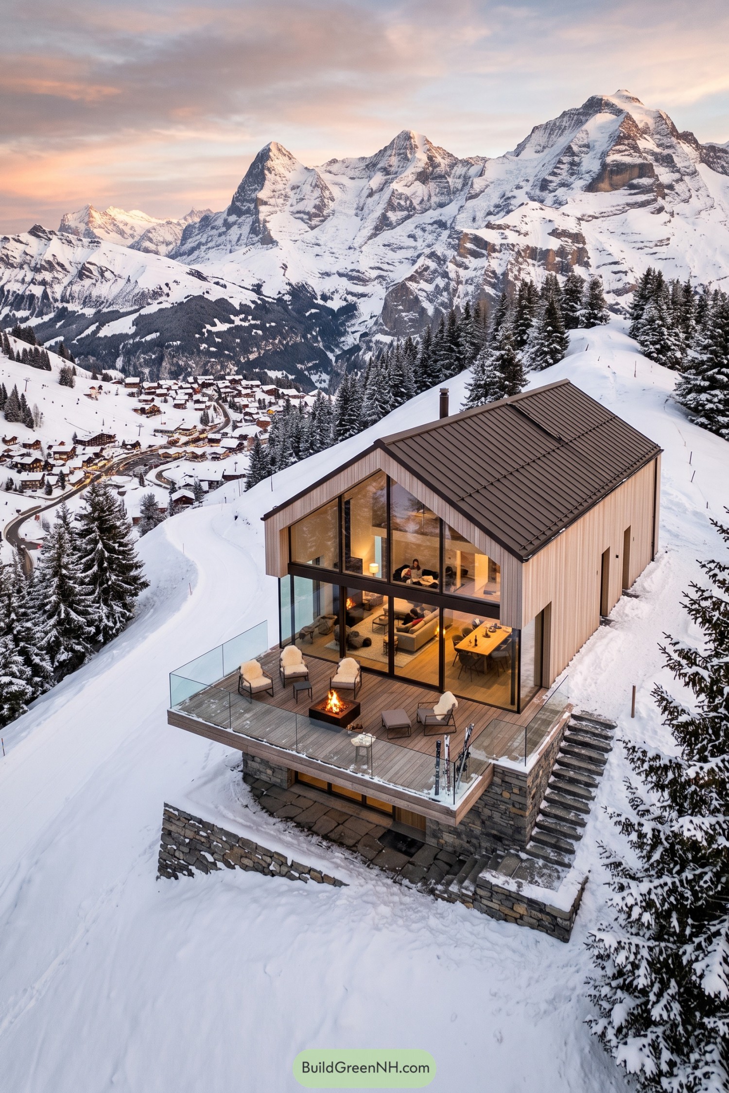Modern chalet with glass walls and a fireside terrace above snowy peaks