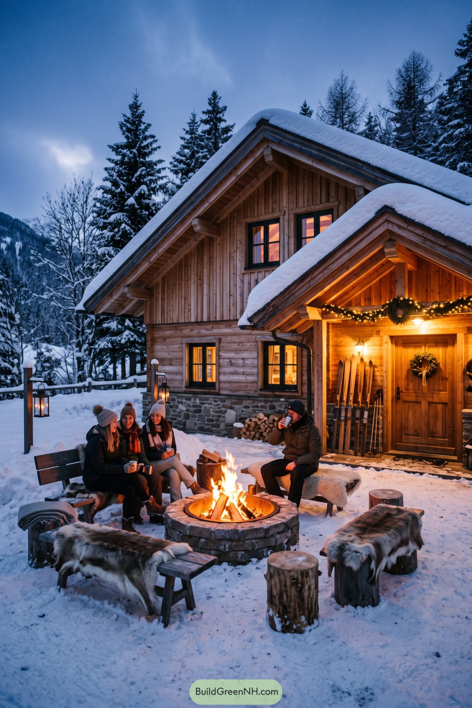 Timber ski chalet with a glowing fire pit courtyard
