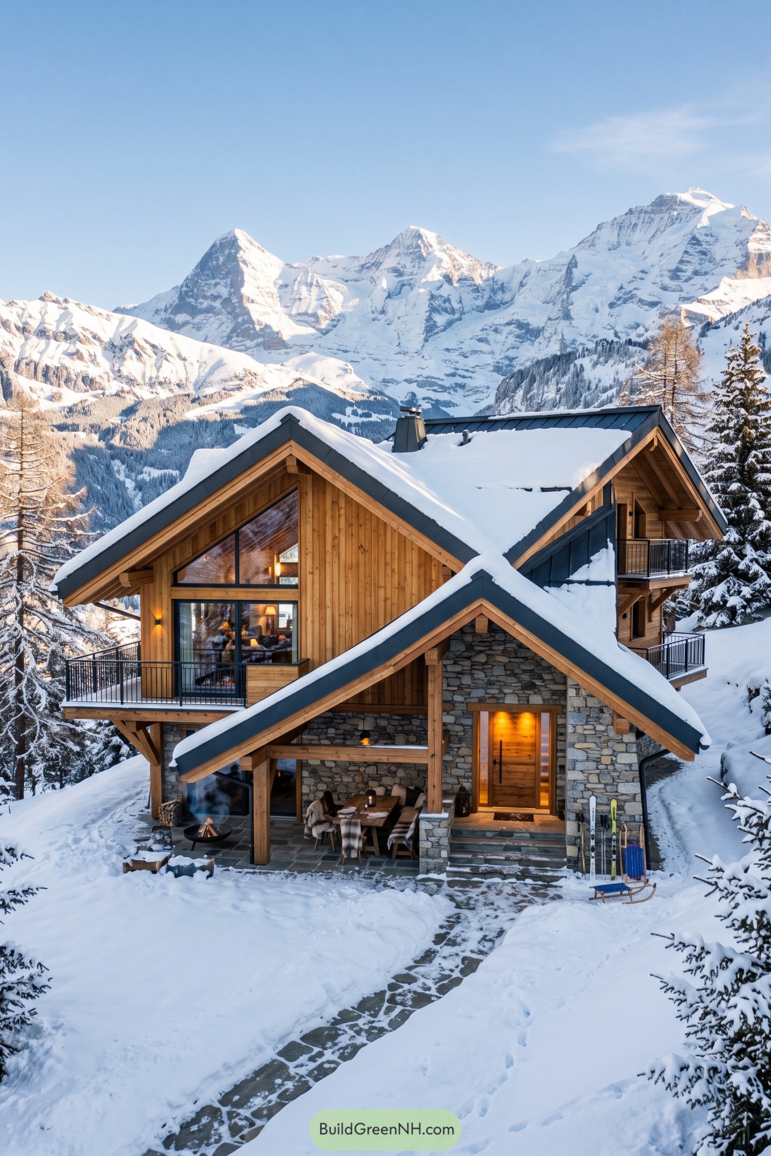 Snowy timber and stone ski house beneath alpine peaks