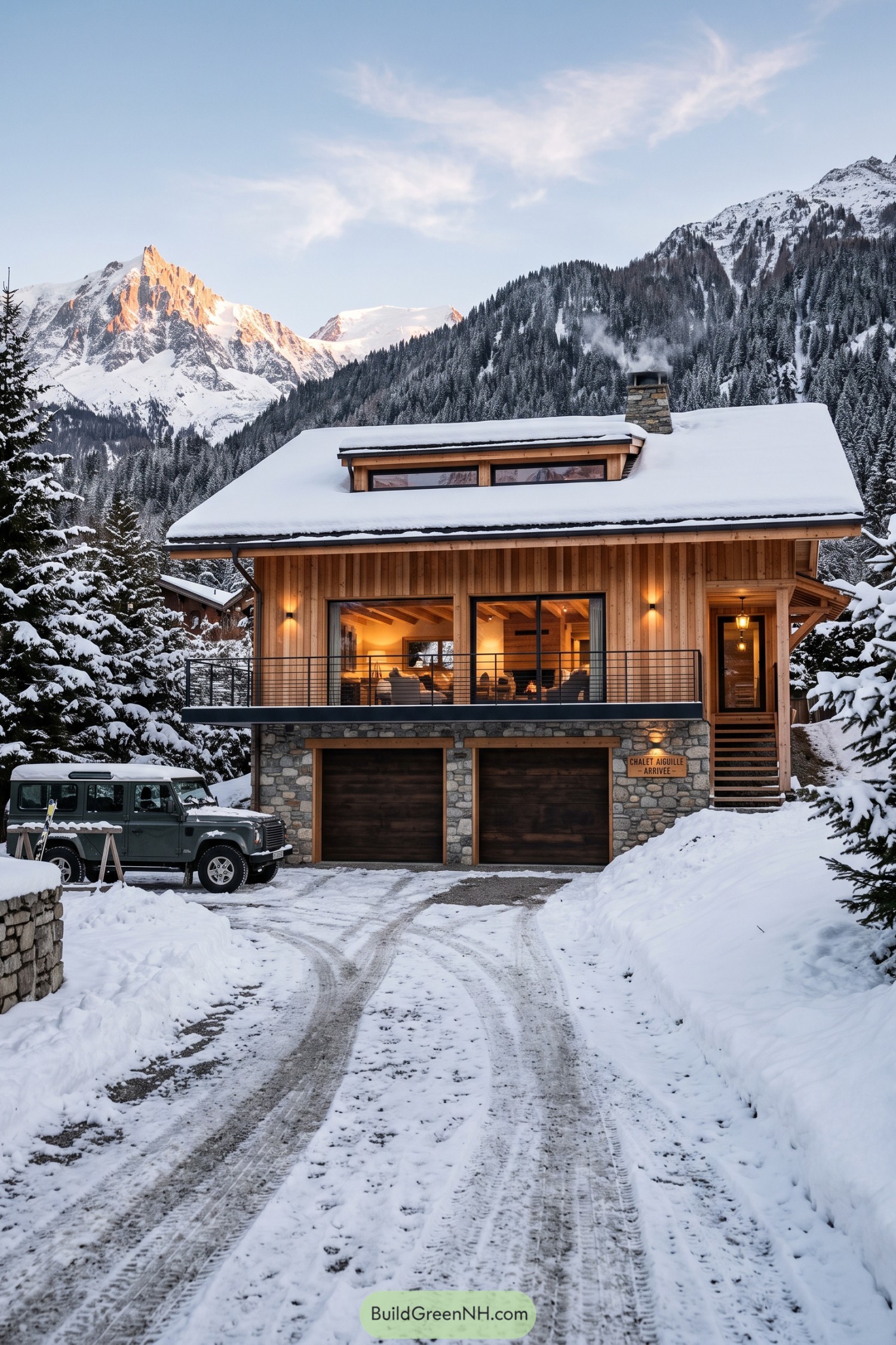 Snowy timber chalet with stone garage and balcony