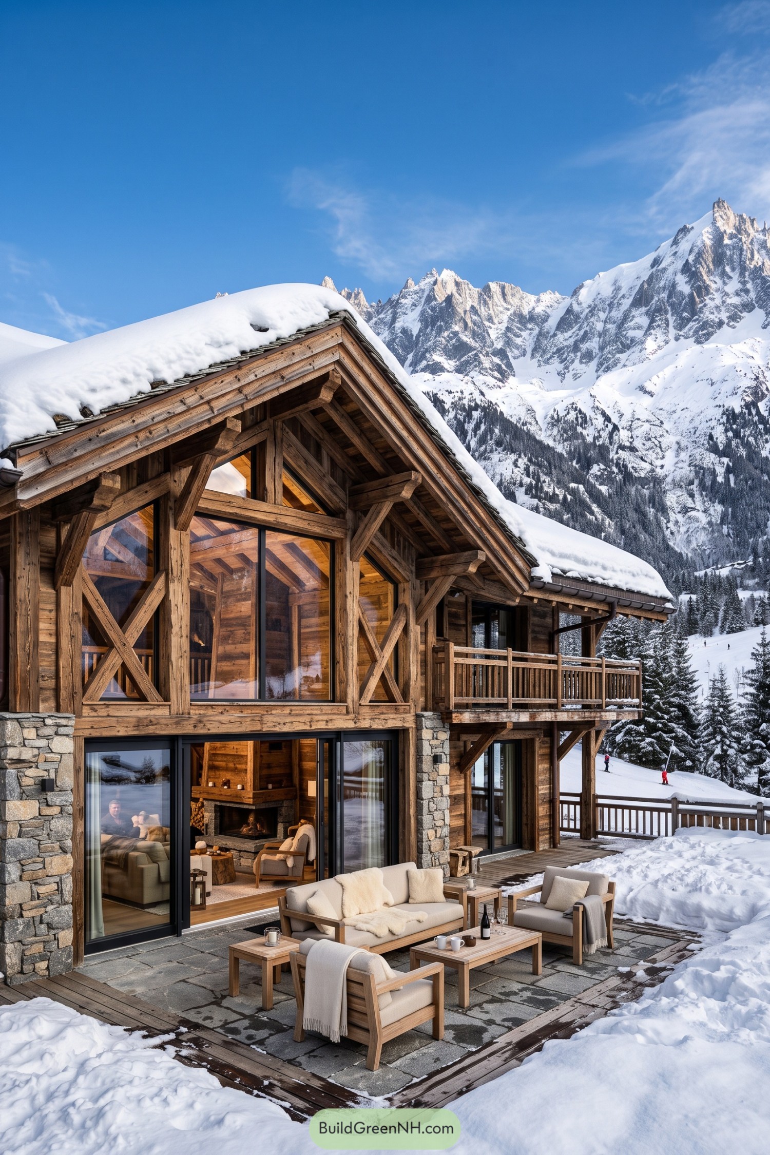 Snow-covered timber chalet with a terrace beneath jagged alpine peaks