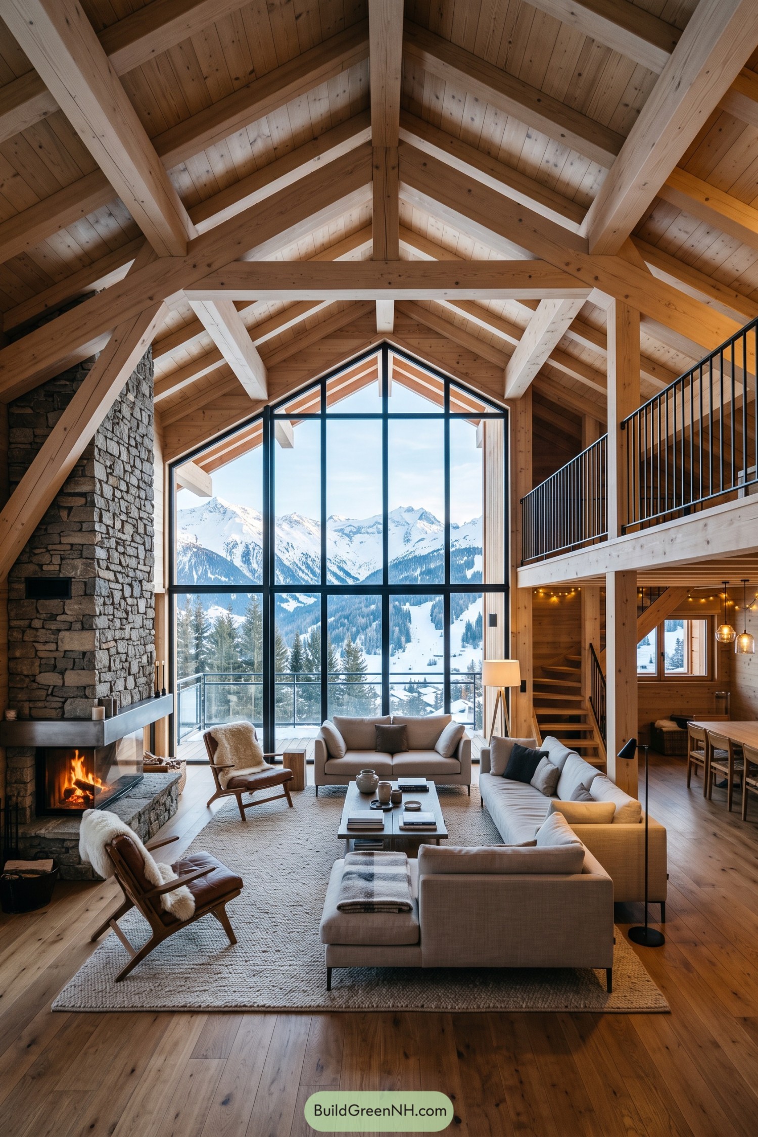 Double Height Timber Chalet Living Room With Mountain Views