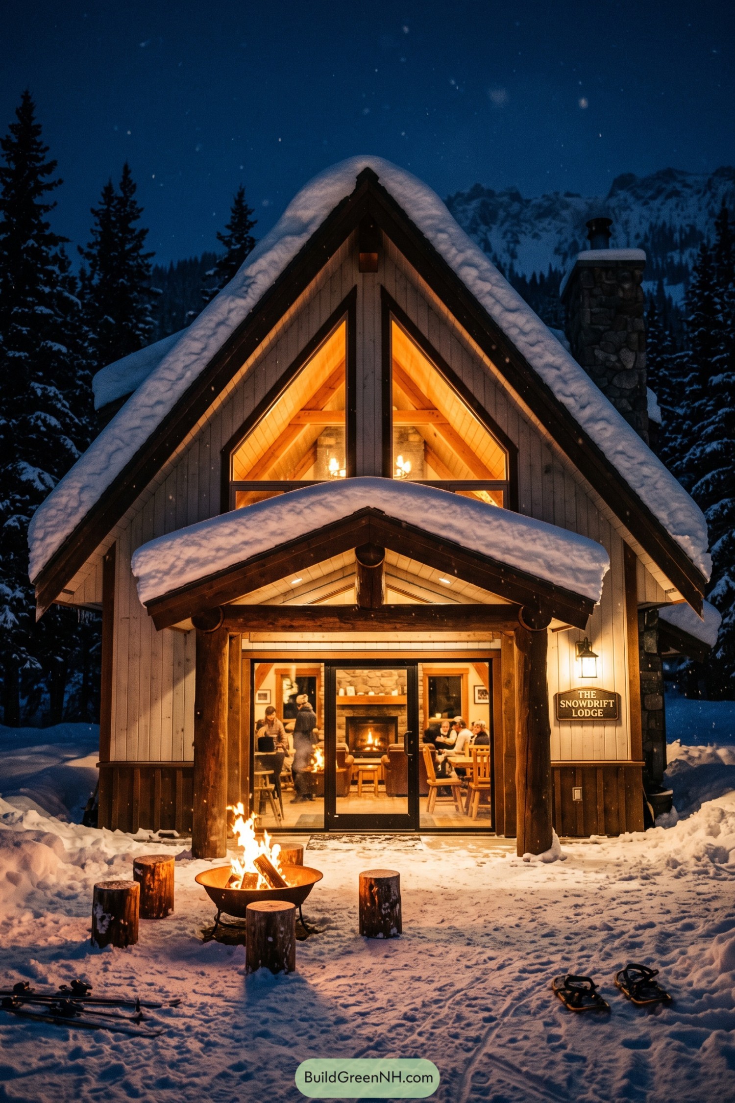 Snowy timber lodge with glowing gable windows and fire pit