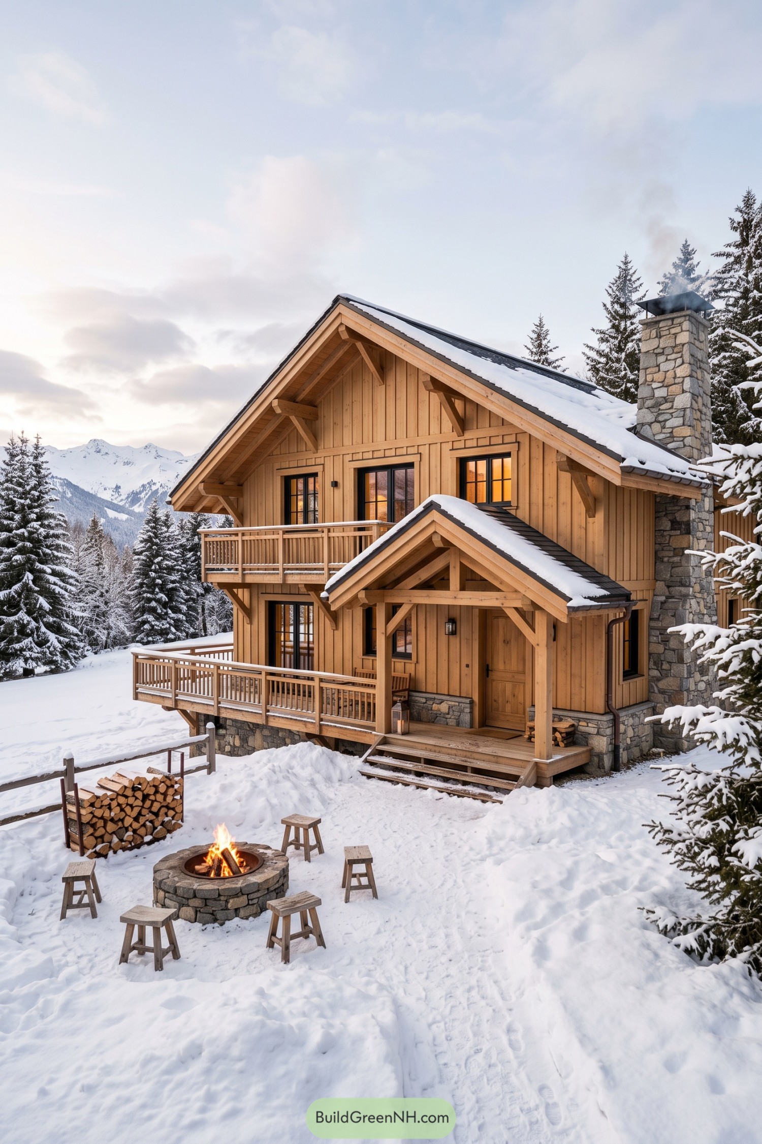 Wood-clad ski chalet with stone chimney and snowy fire pit