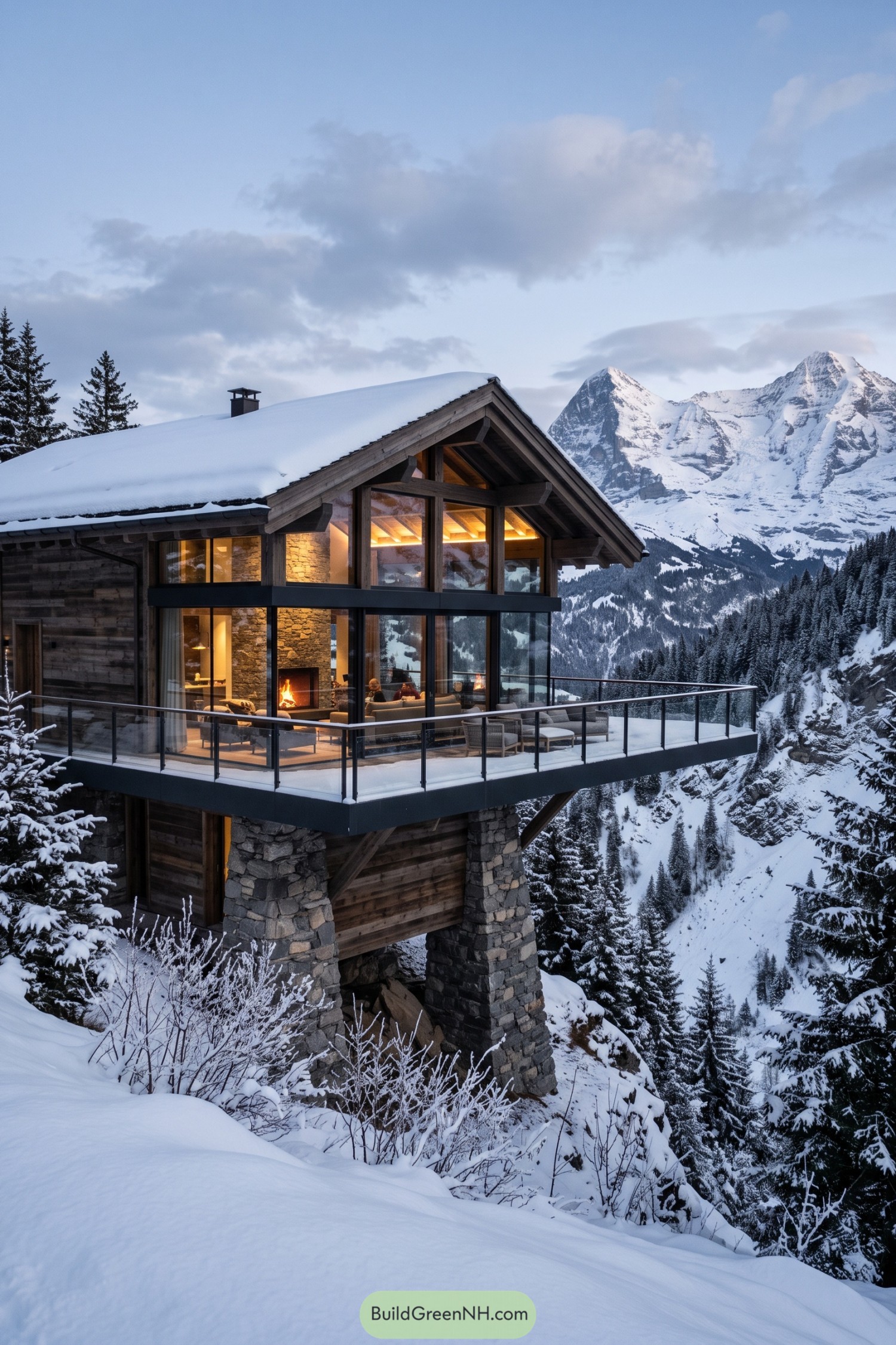 Snowy timber chalet with glass balcony above an alpine valley