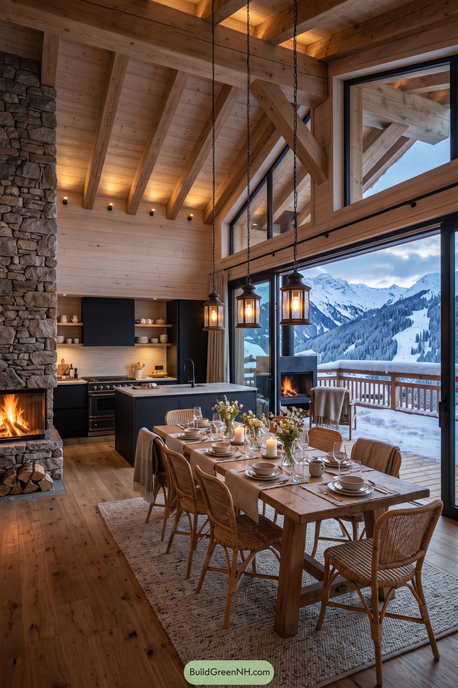 Timber chalet dining room with snowy mountain views