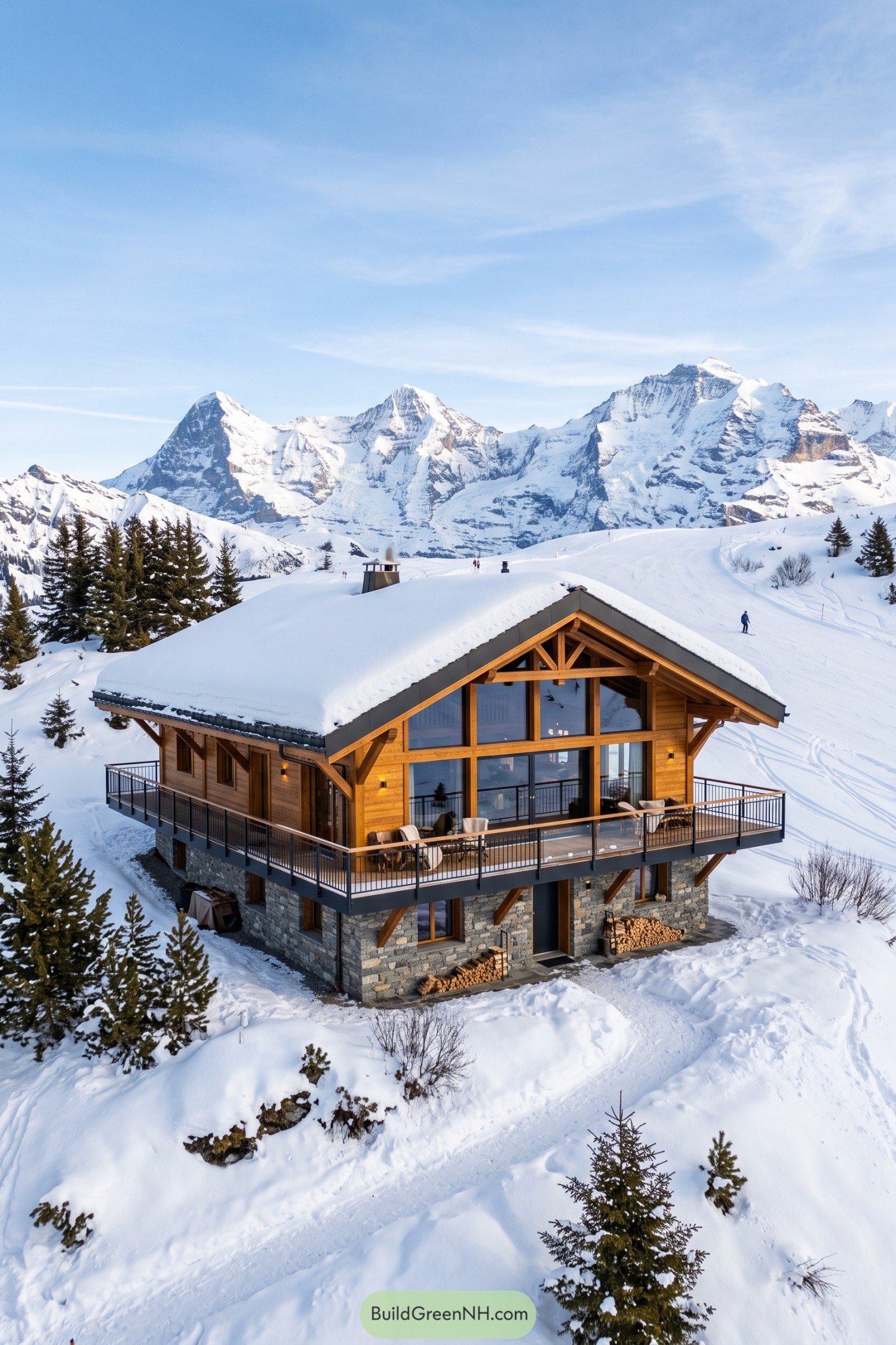 Timber and stone chalet with wraparound deck beneath snowy peaks