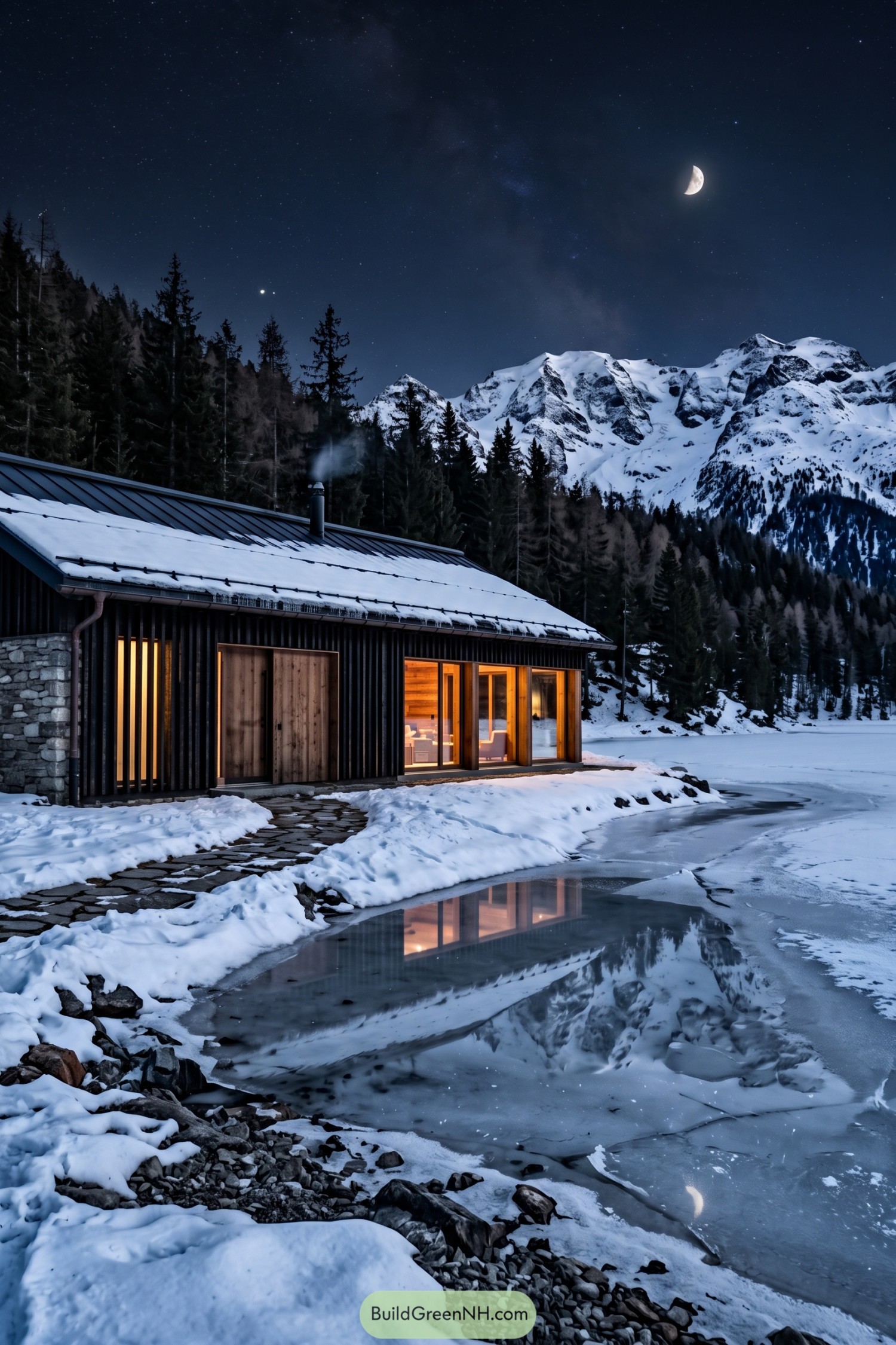Snowy timber cabin beside a frozen alpine lake