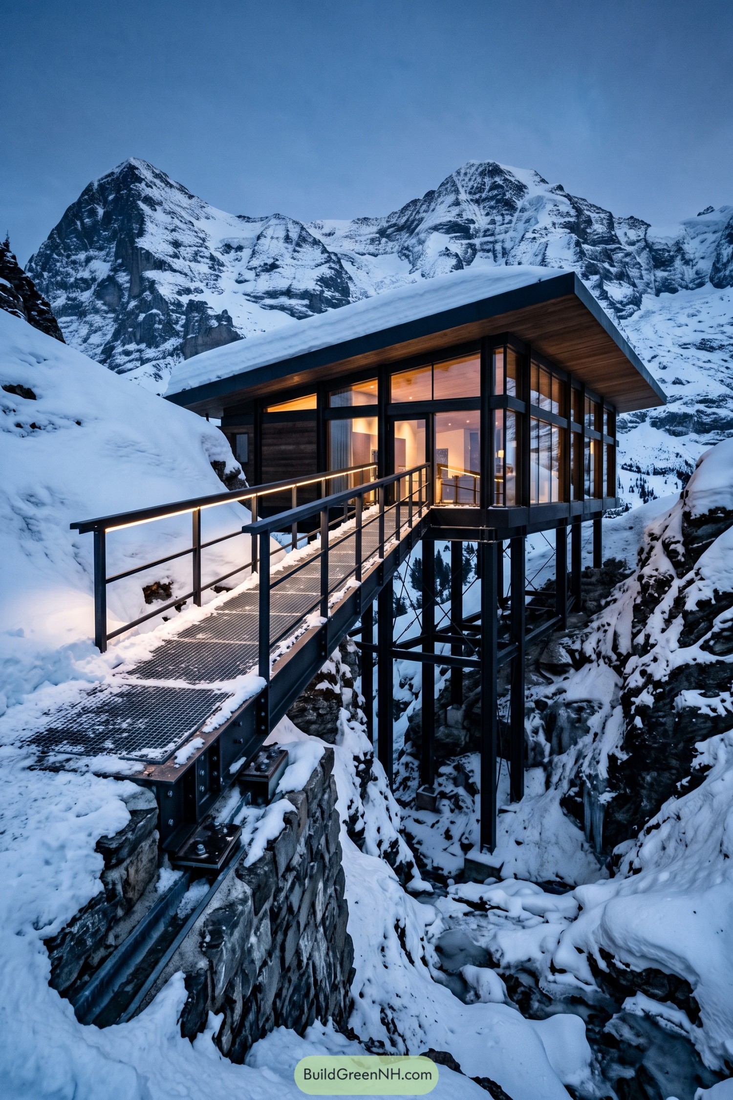 Glass chalet on steel stilts above a snowy ravine