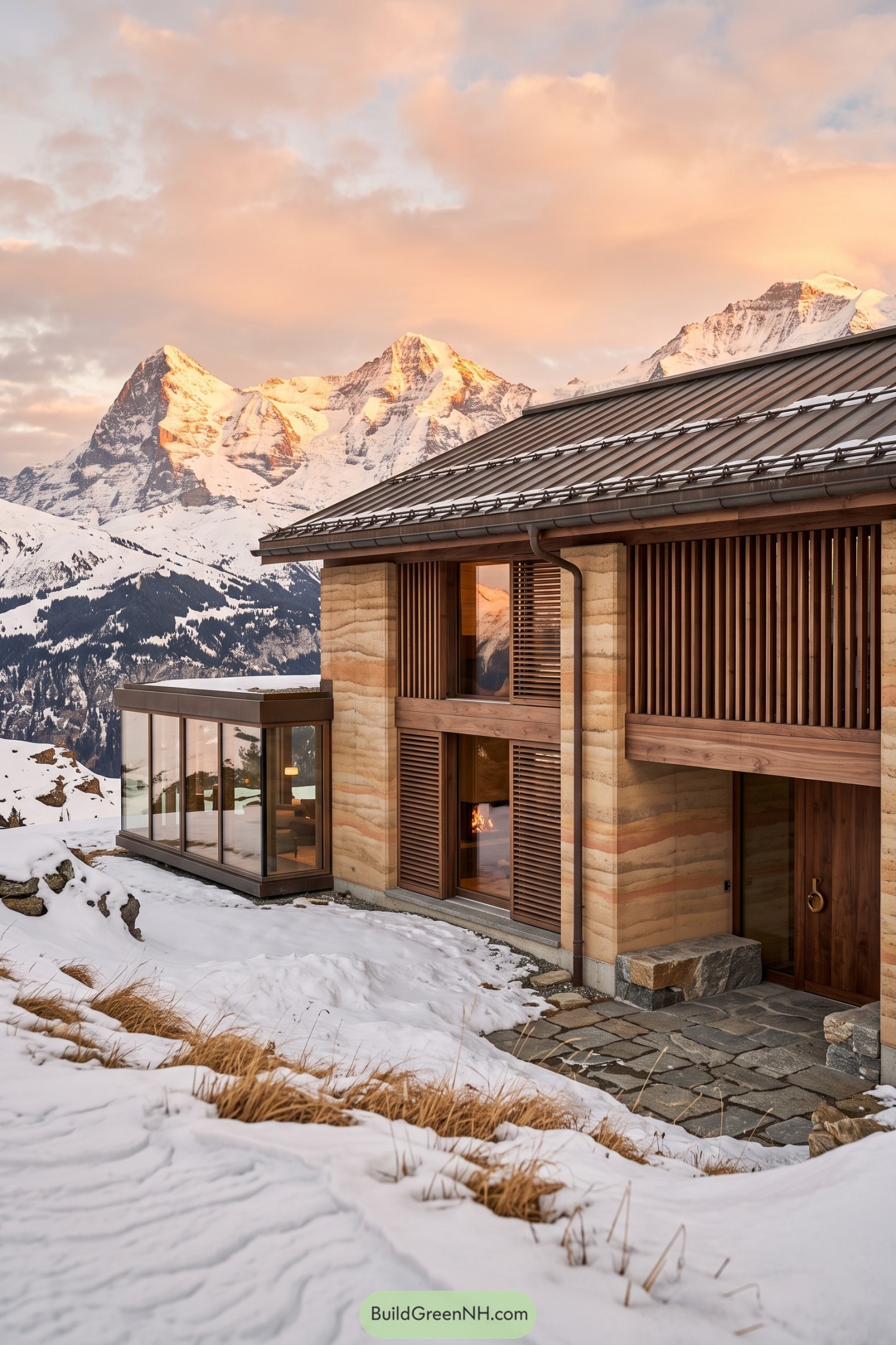 Mountain residence with layered stone walls timber screens and snow-ready metal roof