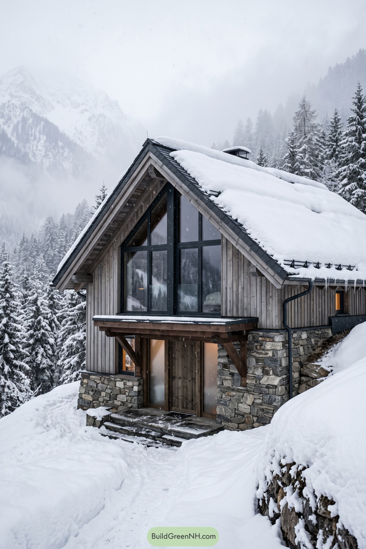 Snow-covered timber cabin with stone base and tall gable windows