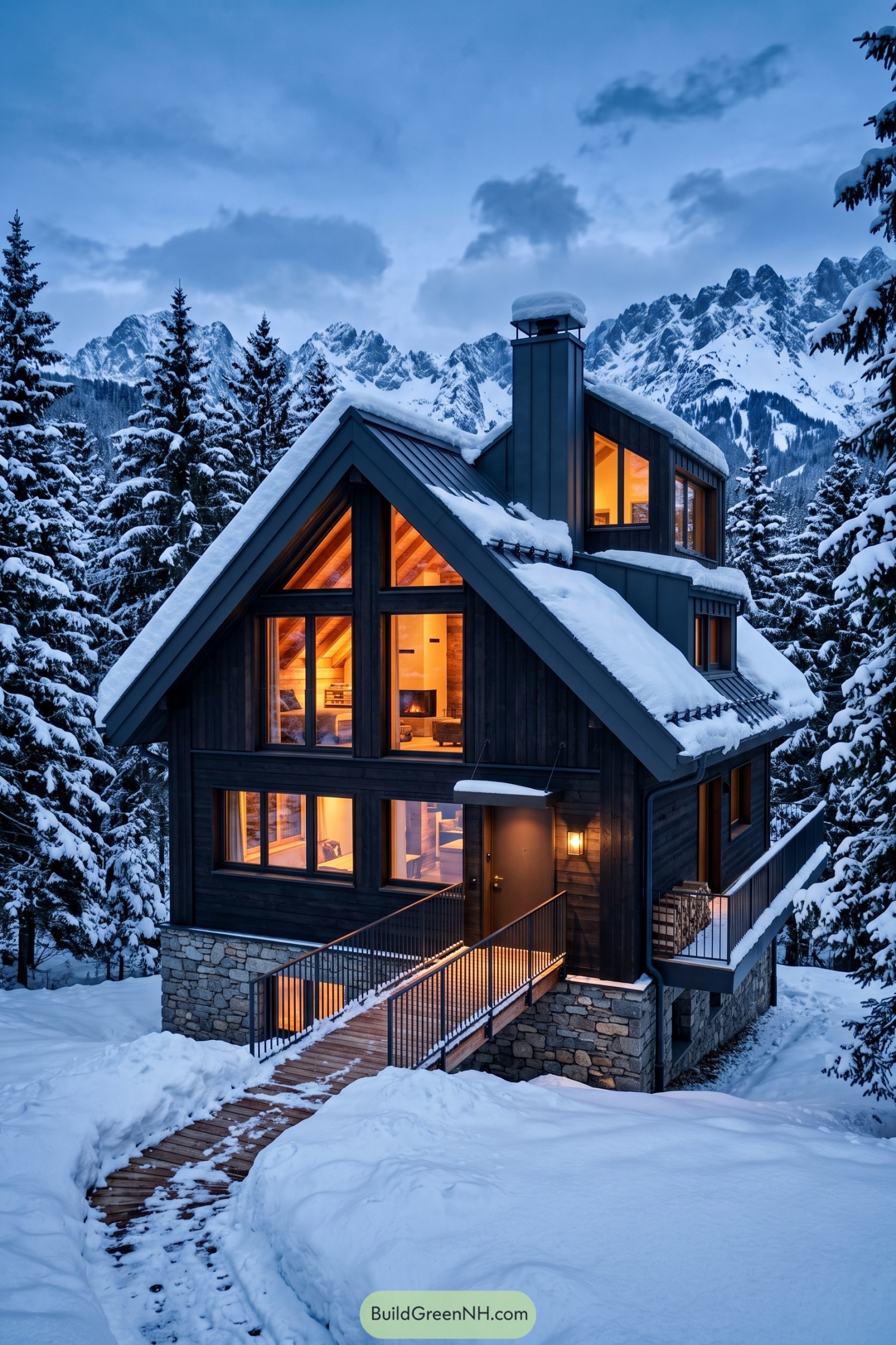 Dark timber ski chalet with steep snowy roofs and glowing windows
