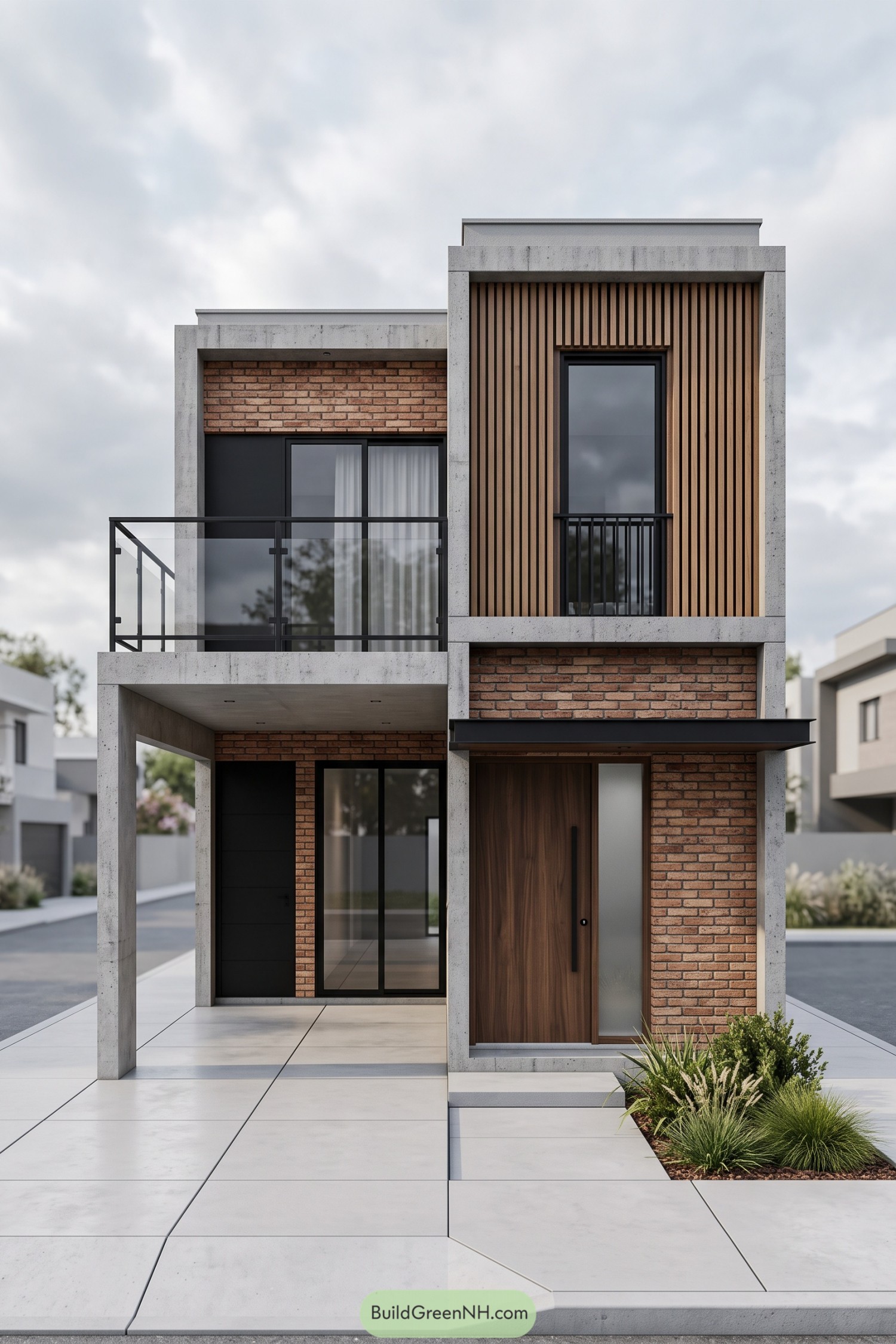 Narrow two-story house with concrete frames, red brick walls, vertical wood cladding, and a glass balcony