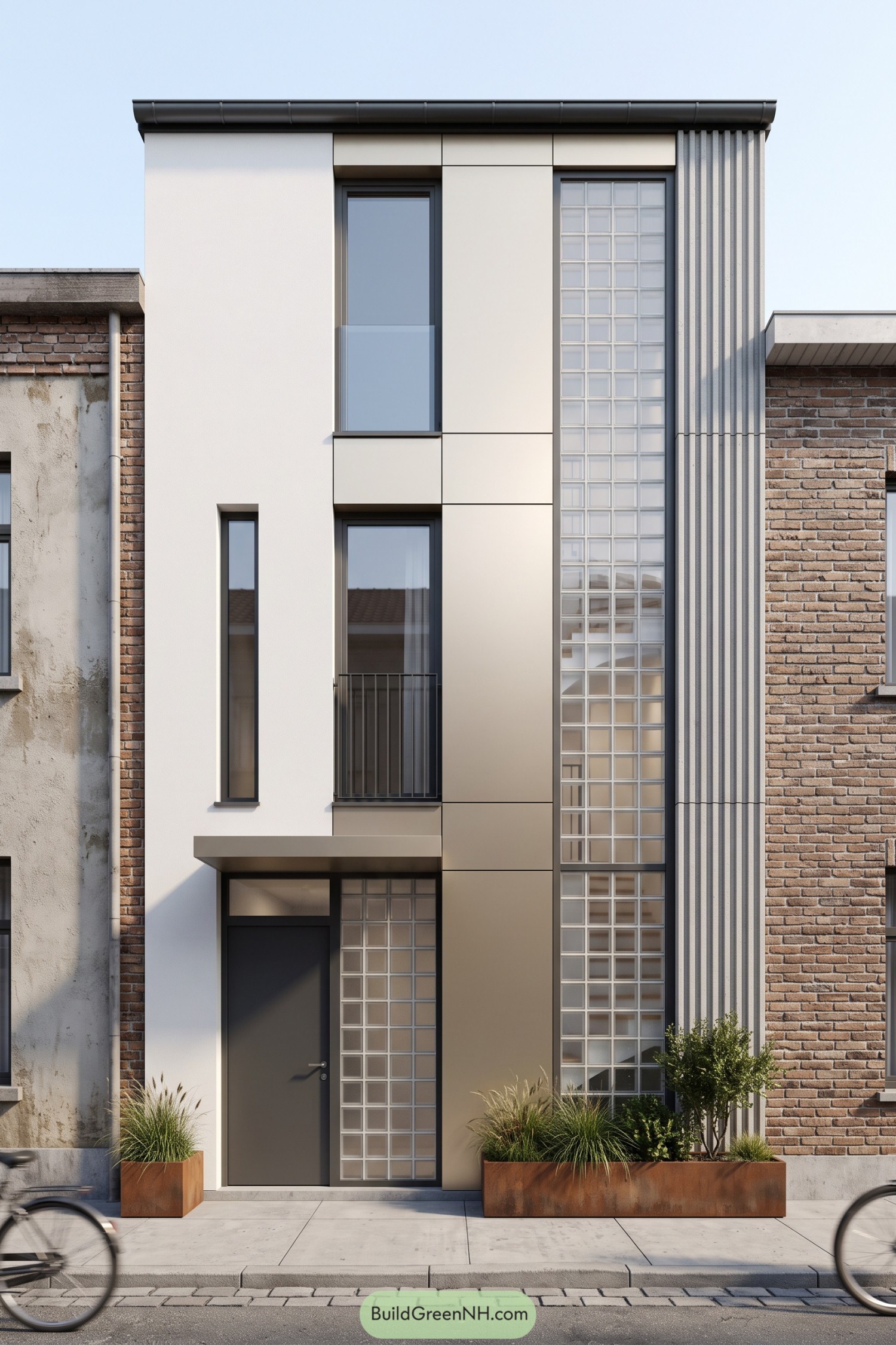 Narrow three-story house with cream panels, tall glass block sections, ribbed gray cladding, and rust-colored planters