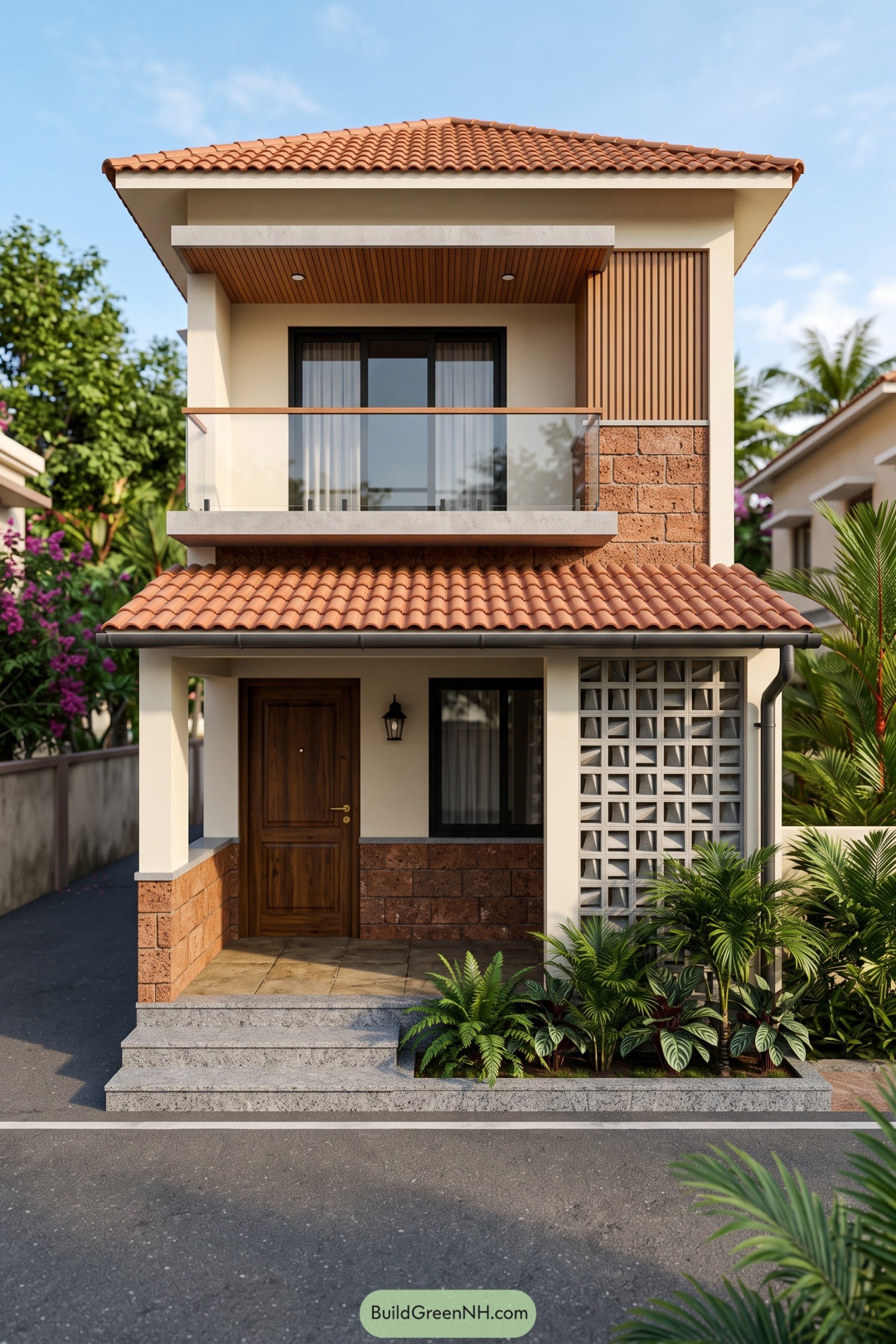 Narrow two-story house with terracotta roofs, a glass balcony, cream walls, and a screened porch beside tropical planting