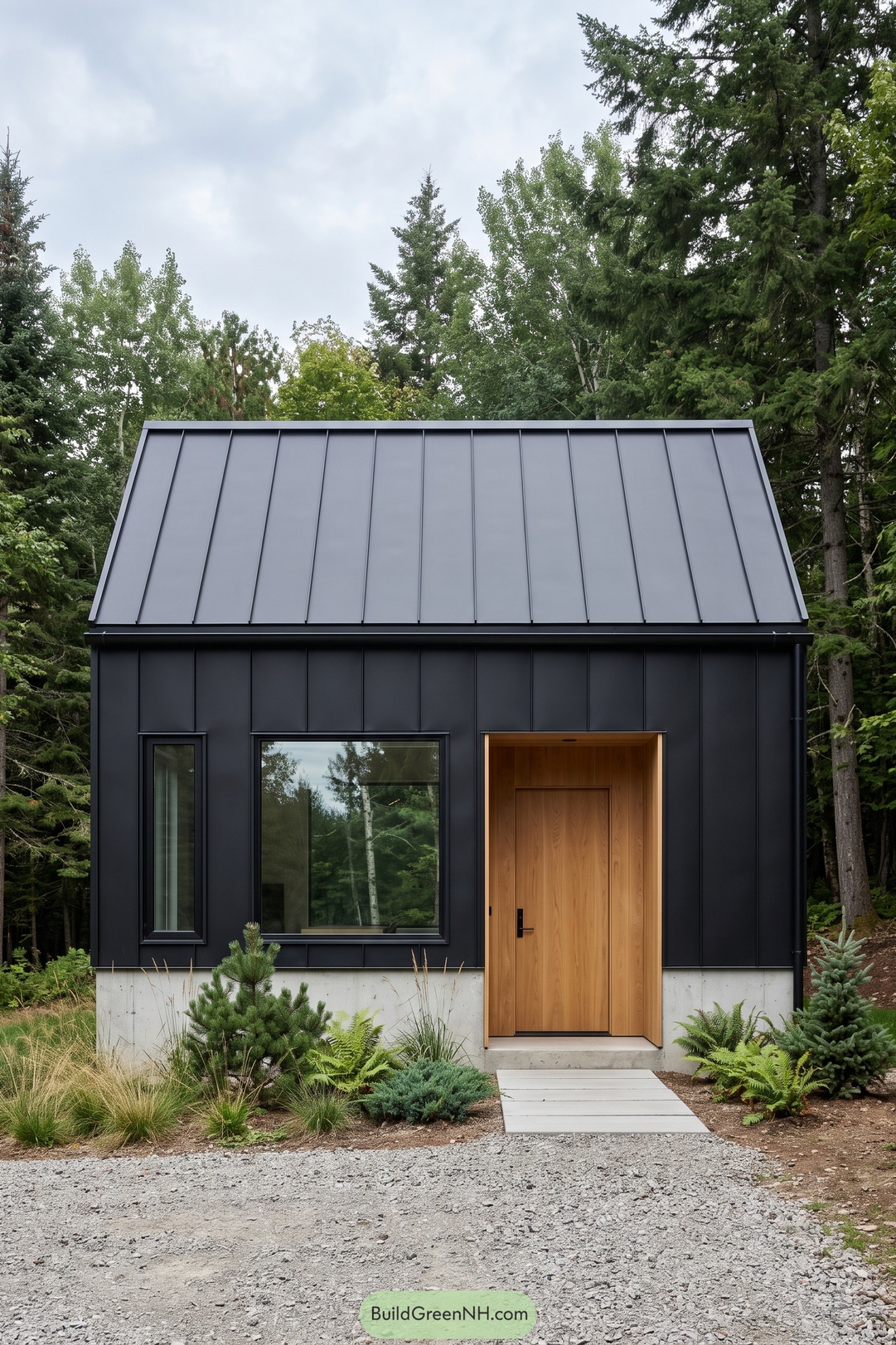 Small black metal house with a steep roof, recessed wooden entrance, large windows, and woodland planting