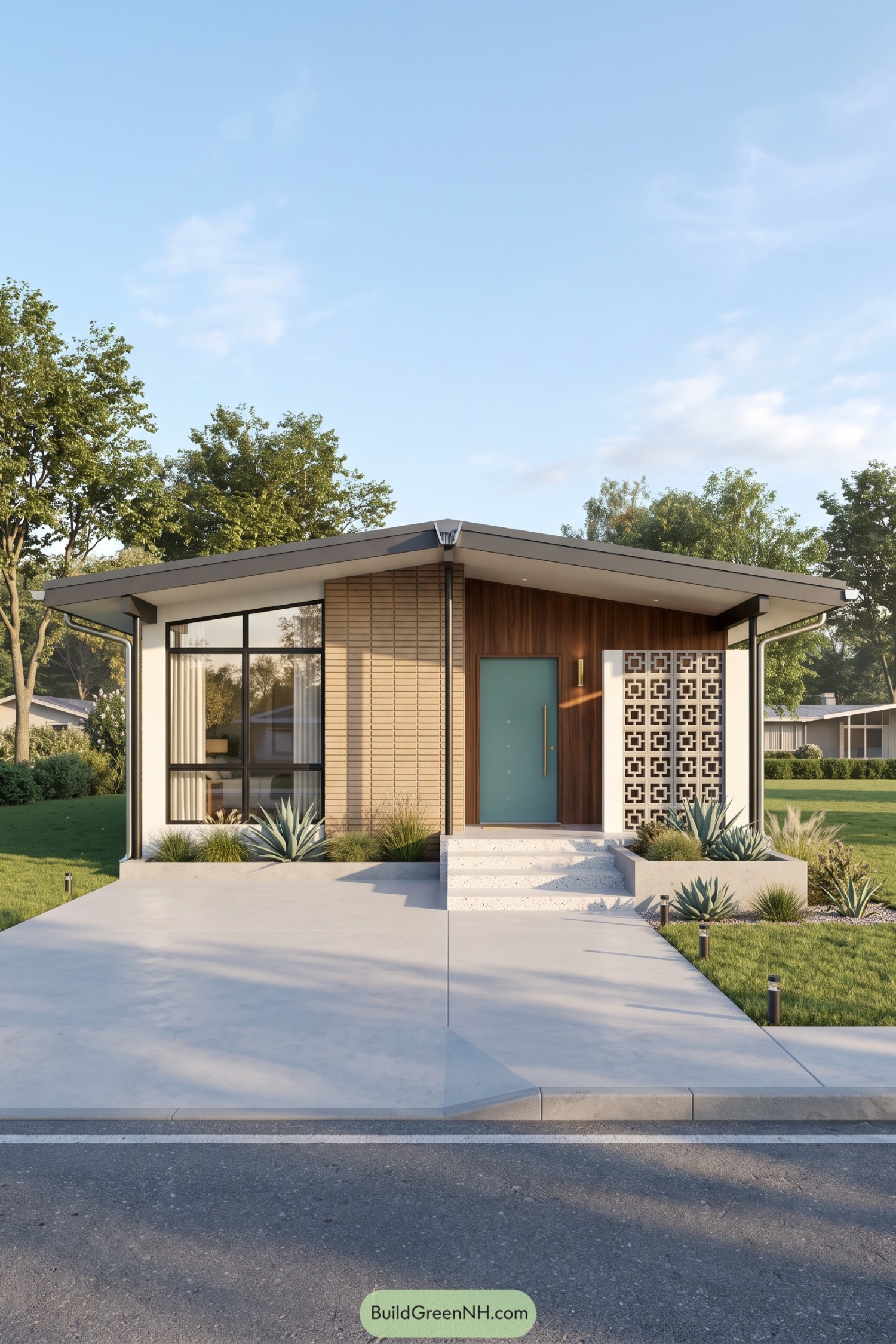Small house with a teal front door timber cladding pale brick and a geometric breeze block screen