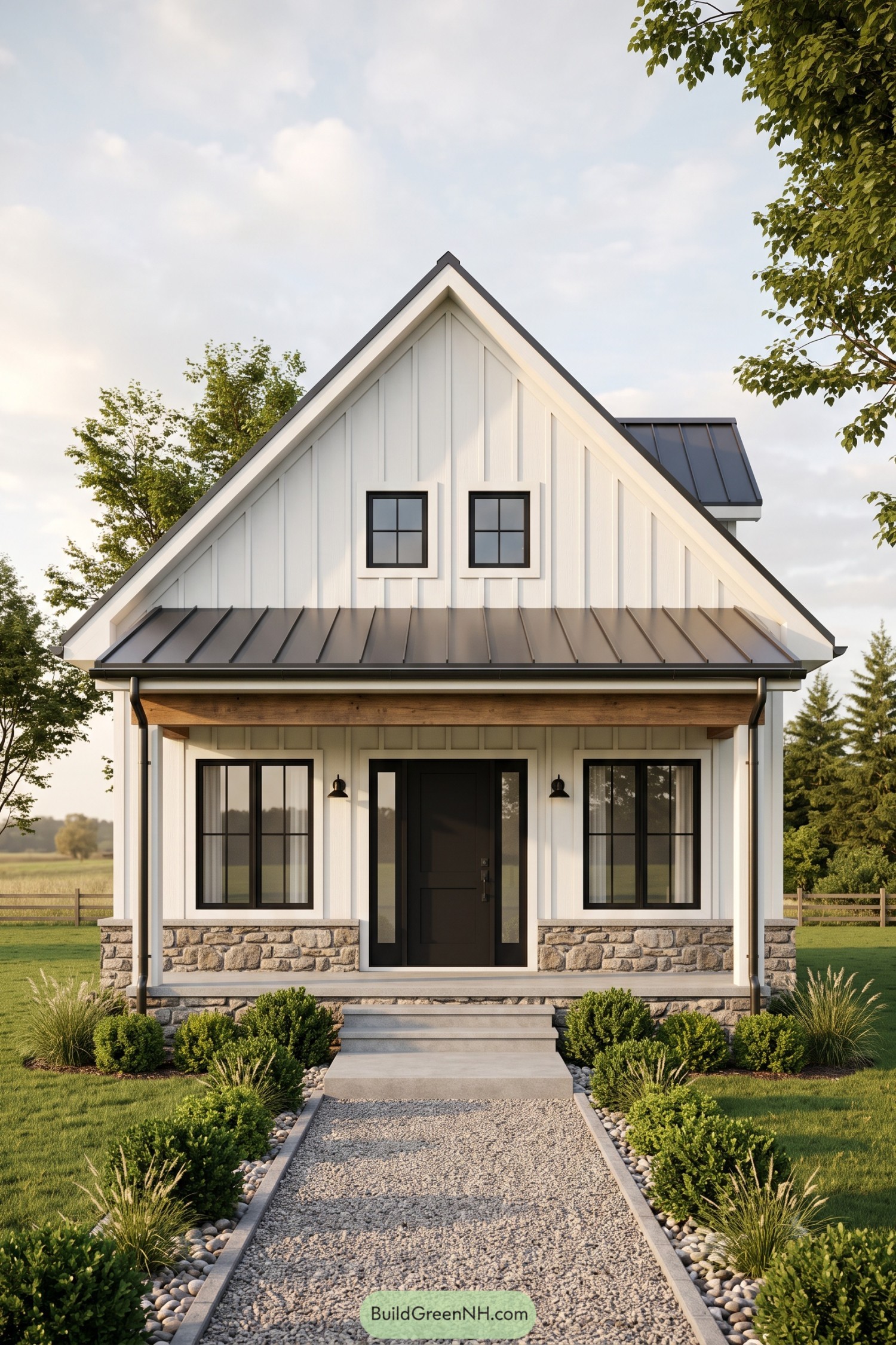 Small white farmhouse with a steep gable roof, black windows, stone base, and a landscaped gravel walkway