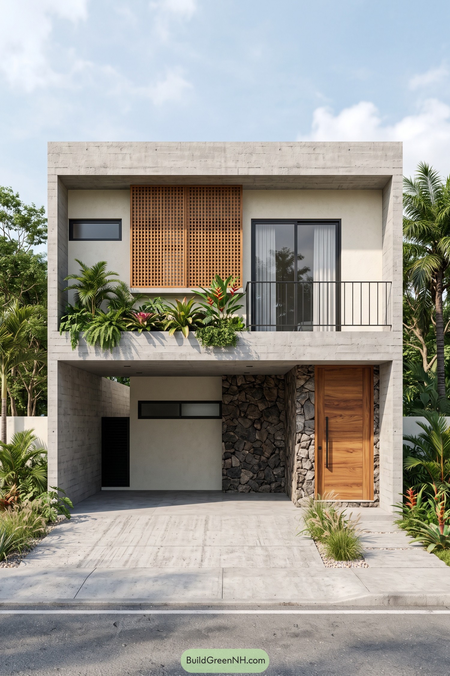 Two-story concrete house with wooden lattice screens stone entry walls and a lush planted balcony