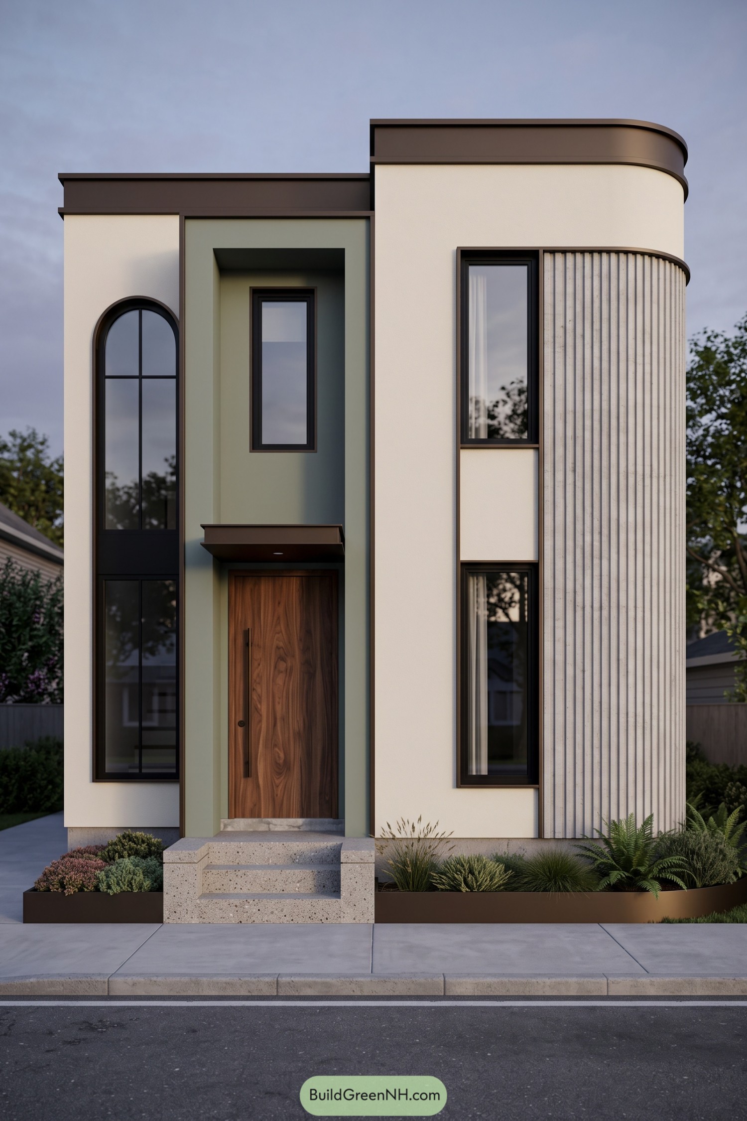 Narrow two-story house with cream walls, a sage entry recess, an arched window, and a rounded fluted corner