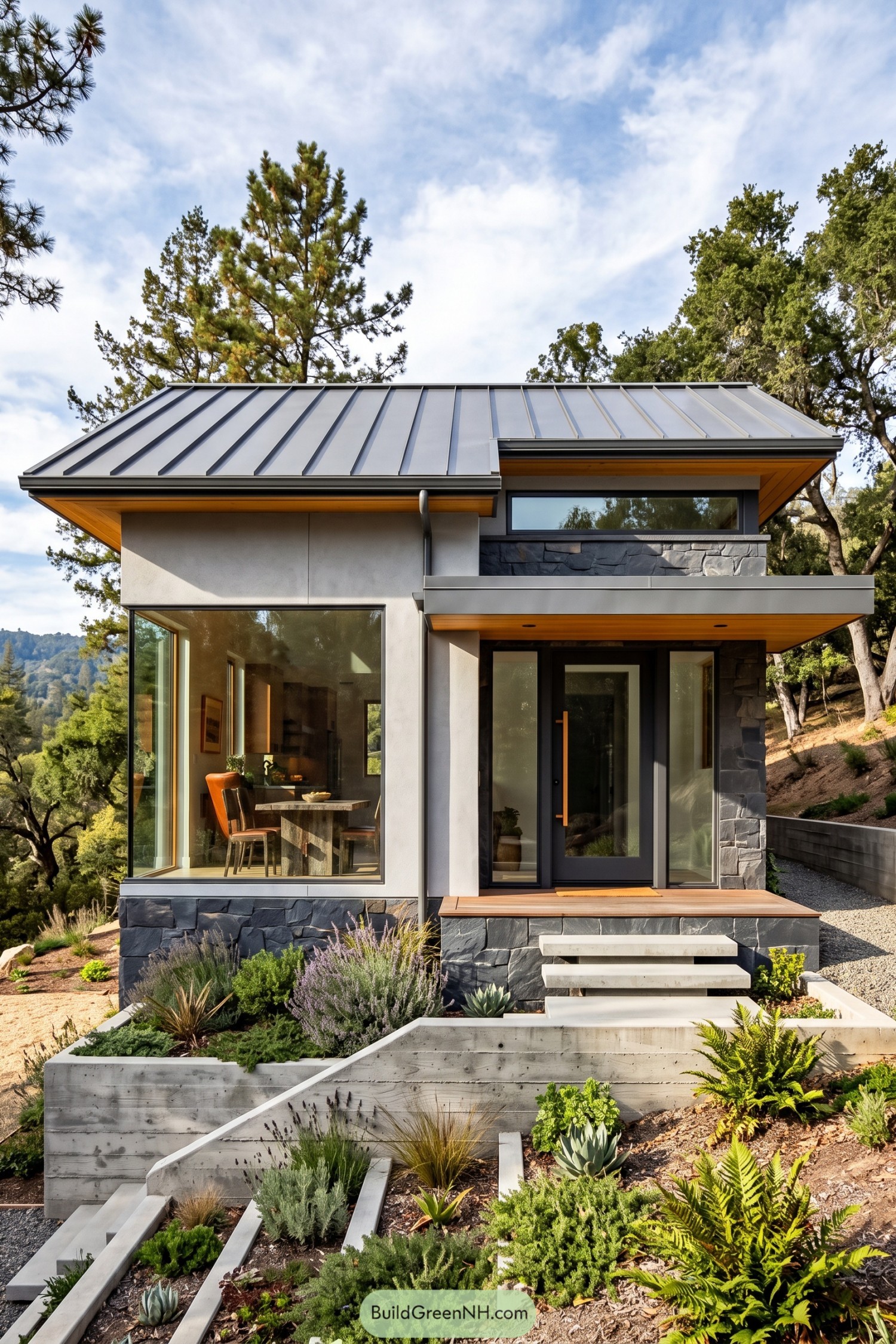 Small hillside house with a silver metal roof, dark stone accents, corner glazing, and terraced concrete garden steps
