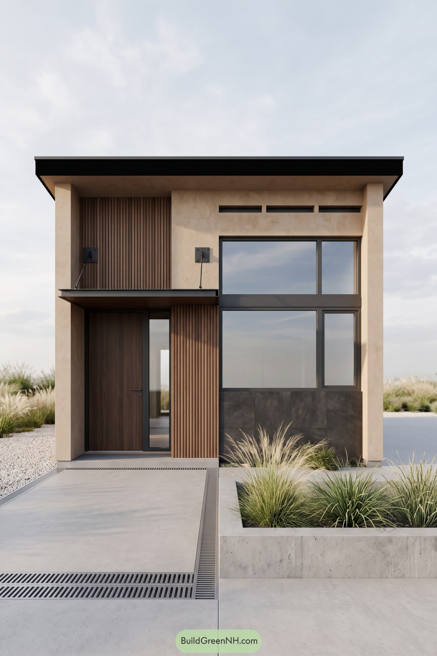 Compact house with beige walls, vertical wood slats, a suspended entry canopy, large dark-framed windows and ornamental grasses