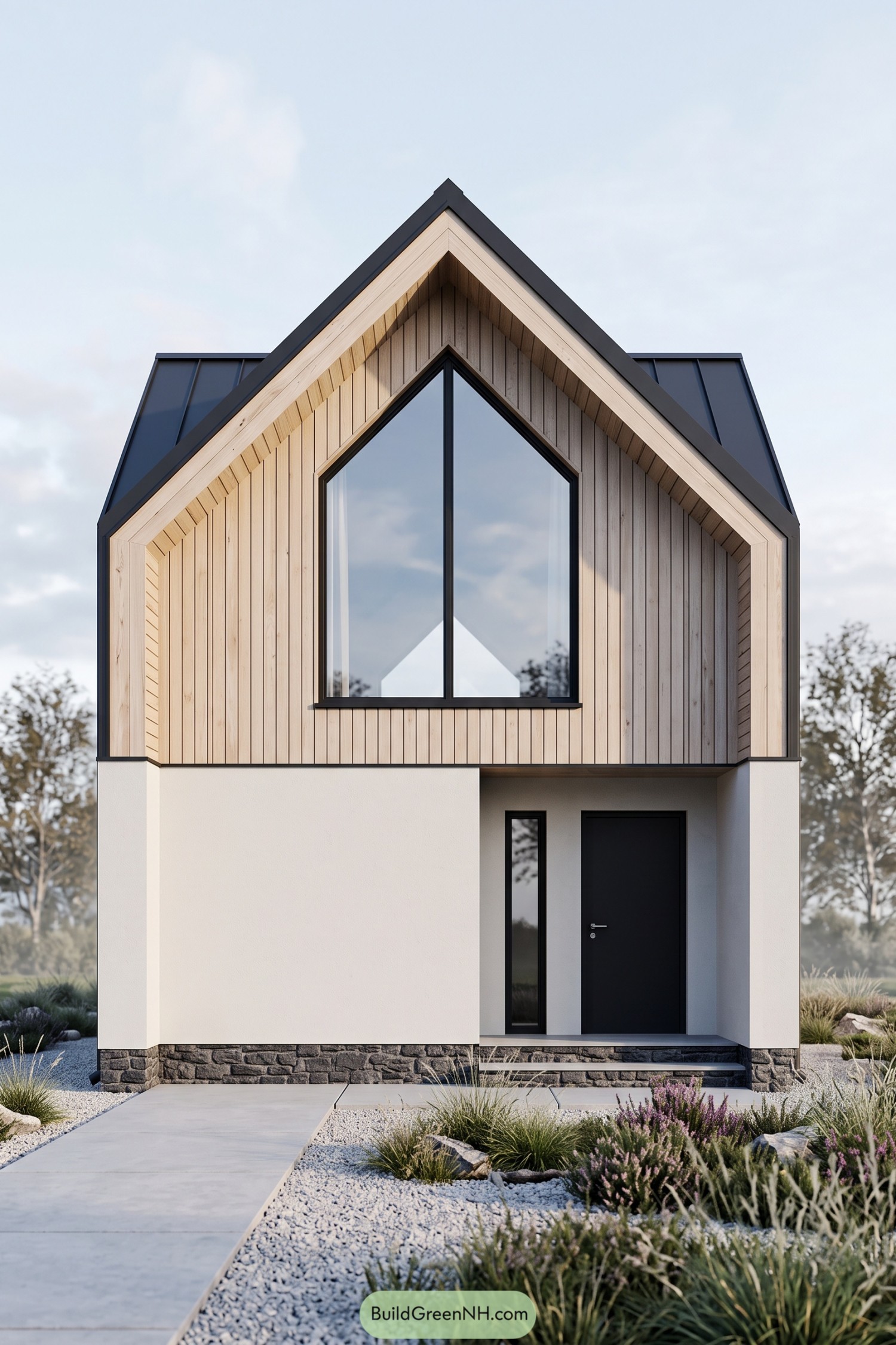 Small gabled house with pale wood cladding, a peaked window, white walls, and a recessed black entrance