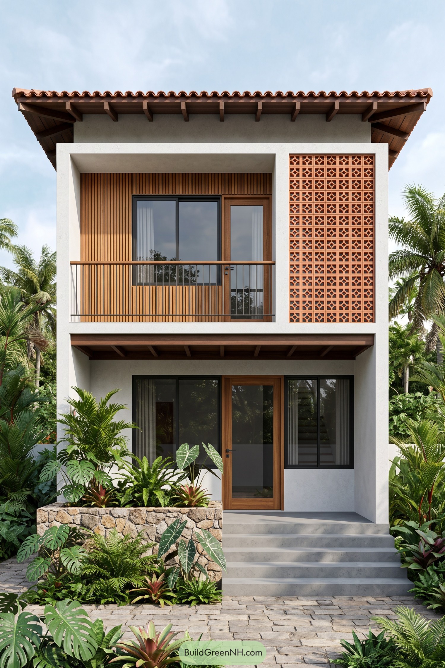 Narrow two-story house with a terracotta screen, timber balcony, white walls, and lush planting beside broad entrance steps