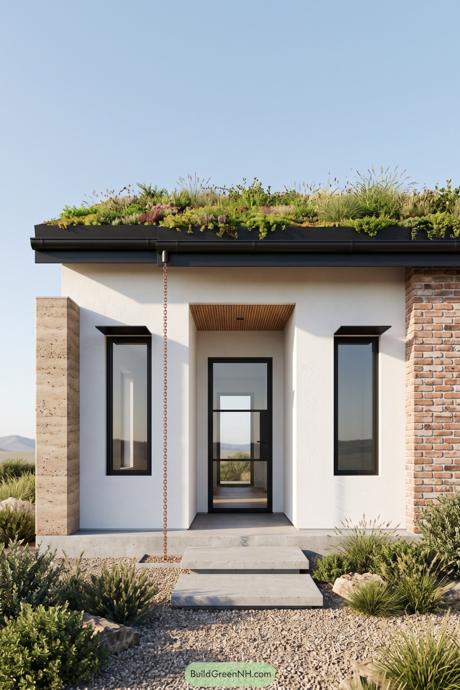 Small house entrance with a planted roof white walls black framed glazing and a rain chain beside concrete steps