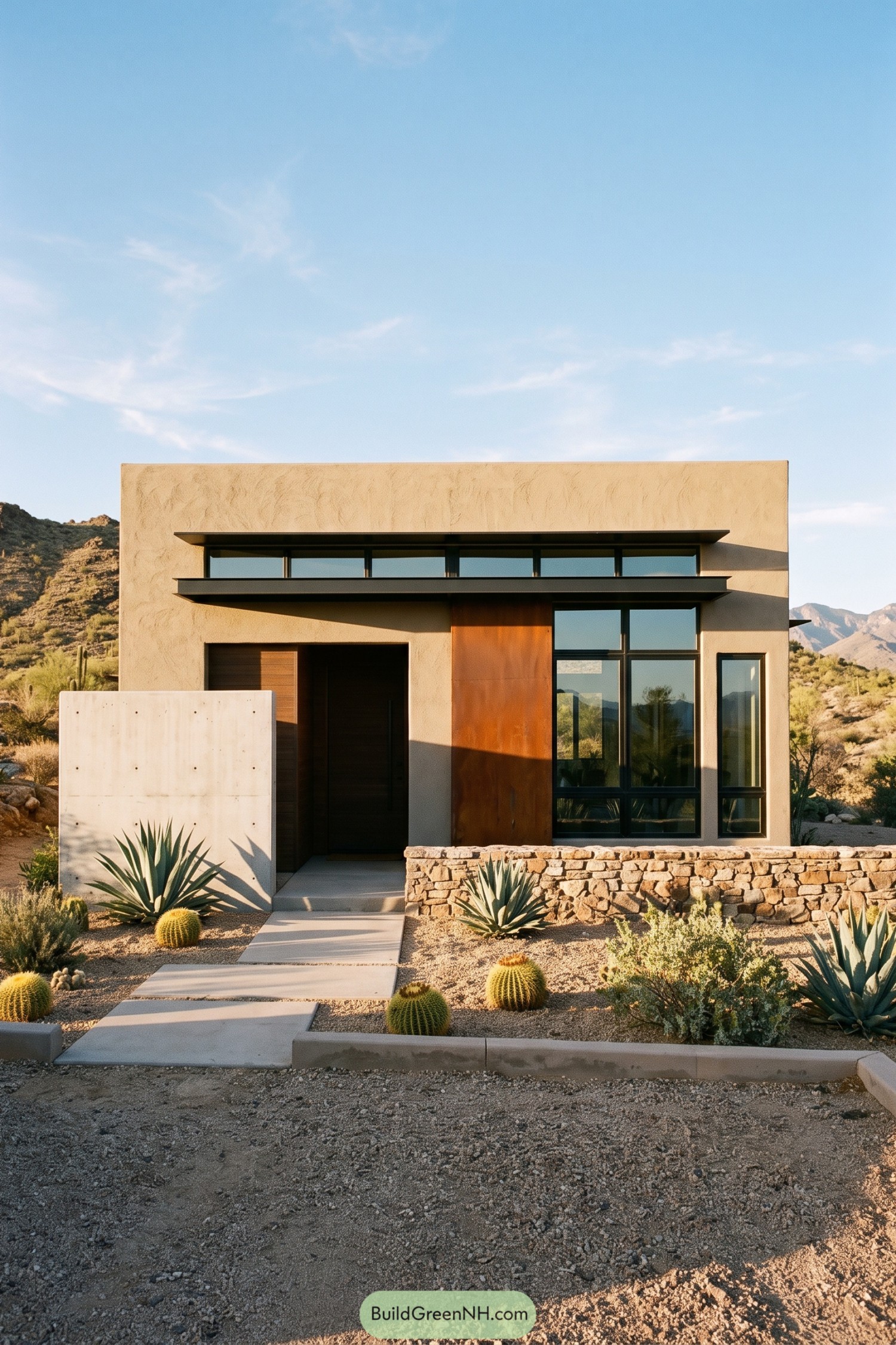 Small desert house with beige stucco walls, rust-colored cladding, tall windows, and a gravel garden planted with cacti and agaves
