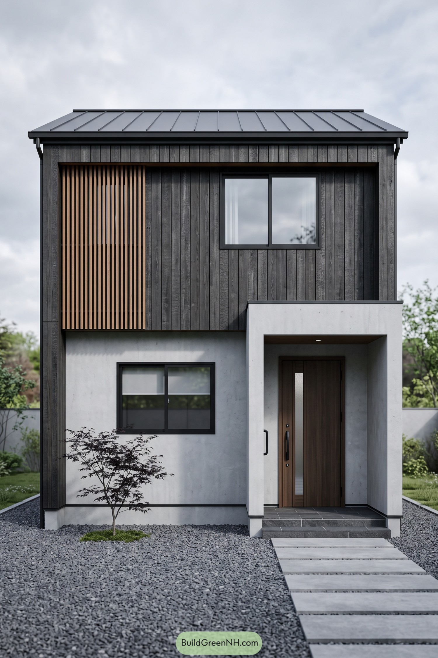 Compact two-story house with dark vertical siding, timber slats, a pale entry surround, and a gravel garden