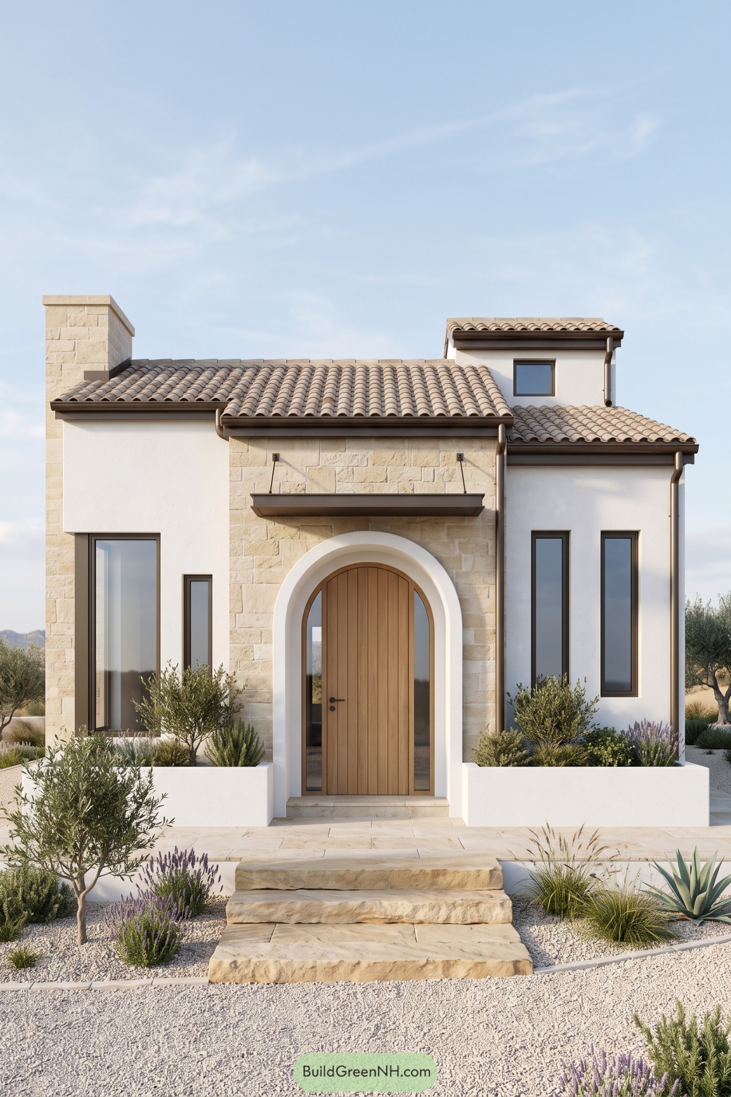 Small Mediterranean house with an arched wooden door, cream stone walls, tiled roofs, and gravel planting beds