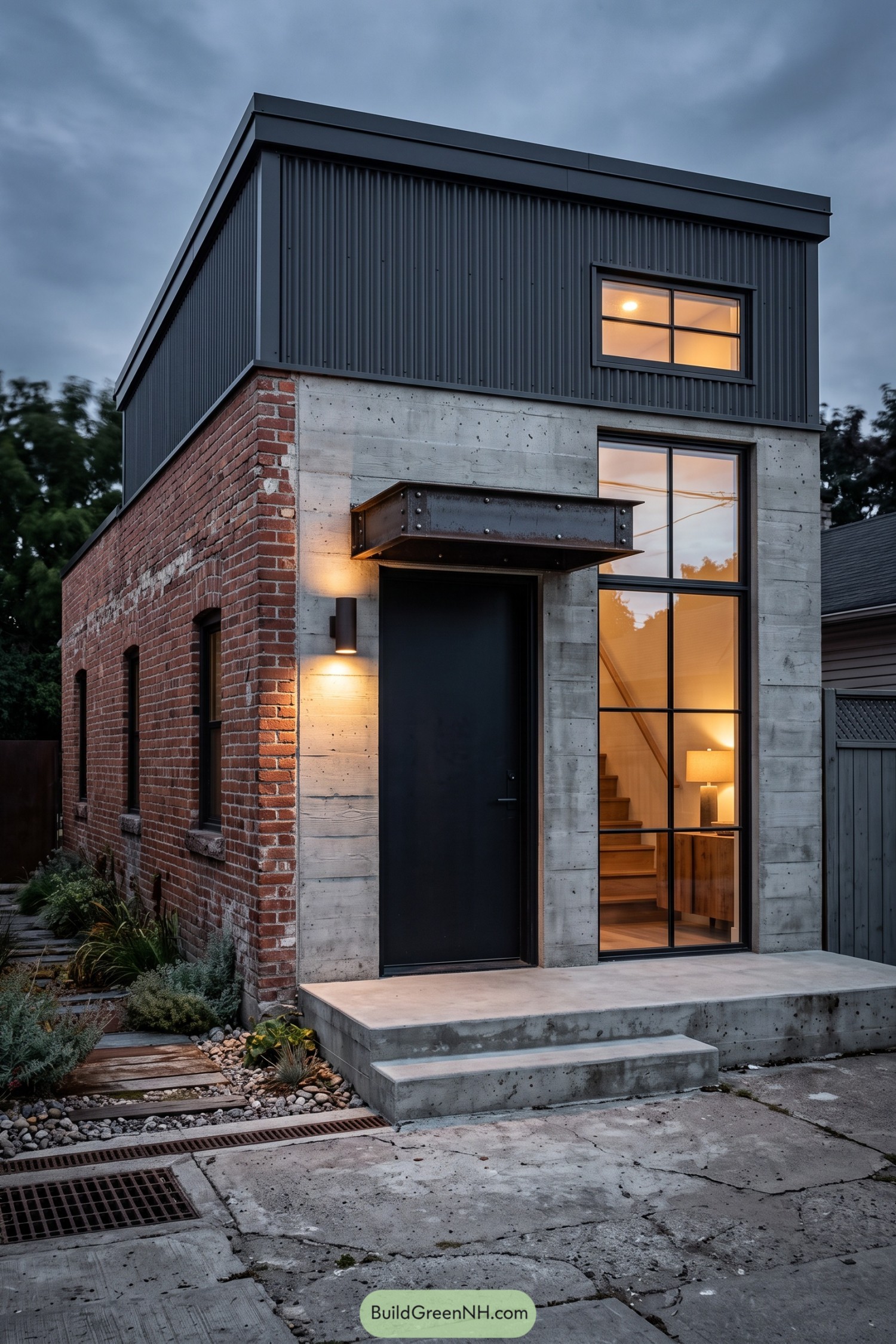 Narrow two-story house with red brick walls, exposed concrete, dark metal cladding, and a riveted entry canopy